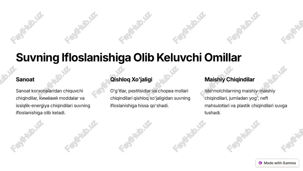 i 1 mexanik tozalash chiqindilarni mexanik yo'l bilan olib tashlash asosida suvni tozalash. 2 biologik tozalash biologik usullar yordamida organik moddalarni bakteriyalar va boshqa mikroblarning yordamida parchalash. 3 kimyoviy tozalash kimyoviy reagentlar yordamida suvdagi turli zararli moddalarni cho'ktirish va chiqarib tashlash. https://gamma.app/?utm_source=made-with-gamma qattiq chiqindilar maydanlarga tashlanish qattiq maishiy chiqindilar, aksariyat hollarda, sanoat chiqindilari bilan aralash holda tegishli poligonlarga tashlab kelinadi. qayta ishlash qattiq chiqindilarning bir qismi qayta ishlash uchun ajratib olinadi, bu esa ularning atrof-muhitga ta'sirini kamaytiradi. yoqib yuborish ayrim qattiq chiqindilar maxsus zavodlarda yoqib yo'q qilinadi, ammo bu jarayon ham ekologik muammolarga olib kelishi mumkin. https://gamma.app/?utm_source=made-with-gamma plastik chiqindilar 1 mikroplastiklar 2 kichik plastik bo'laklaridan iborat bo'lib, suvdan oson o'tib ketadi va oqibatda sutemizuvchi hayvonlar va baliqlarning ovqat zanjirlariga tushadi. 3 nayloplar 4 eng ko'p tarqalgan plastik chiqindilardan biri - plastik paketlar va xaltalar. ular yog'ingarchilik paytida suvga tushib, uning ifloslanishiga sabab bo'ladi. 5 plastik butilkalar https://gamma.app/?utm_source=made-with-gamma suv iste'molchilari uchun …