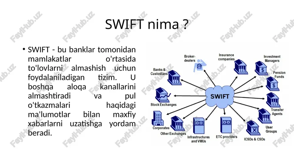 a, swift davlatlar tomonidan hech qanday cheklovlarsiz operatsiyalarning maksimal ishonchliligi va xavfsizligini ta'minlaydi . swift qanday ishlaydi ? pul o'tkazish uchun ikkita bank ulanishi shart emas. swift korrespondent hisob tizimidan foydalanadi. bu banklar bir-biri bilan ochadigan hisobvaraqlardir. yagona xabar almashish usuli tufayli a bank b bankiga c bankiga pul mablag'larini o'tkazish bo'yicha ko'rsatma berishi mumkin. shunday qilib, pul o'tkazishda nafaqat jo'natuvchi va oluvchi, balki korrespondent banklar ham ishtirok etadilar. bank boshqa tashkilotlar bilan xabar almashishi uchun maxsus terminal o'rnatadi. u ma'lumotni yagona kompyuterga uzatadi, u erdan ma'lumotlar mintaqaviy tugunga kiradi va ishtirokchilar o'rtasida taqsimlanadi. jarayon davomida xabarlar tekshiriladi va keyingi qadam faqat tasdiqlashni olgandan keyin mumkin bo'ladi. ma'lumotlar almashinuvining har bir ishtirokchisiga maxsus identifikator - swift kodi beriladi. u faqat tizim orqali o'tadigan xalqaro to'lovlar uchun ishlatiladi. kodni bankning veb-saytida, uning tafsilotlari ko'rsatilgan bo'limda ko'rish mumkin. swift tizimida pul o'tkazmalari hisob ochmasdan ham amalga oshirilishi mumkin. sizga kerak bo'lgan narsa …