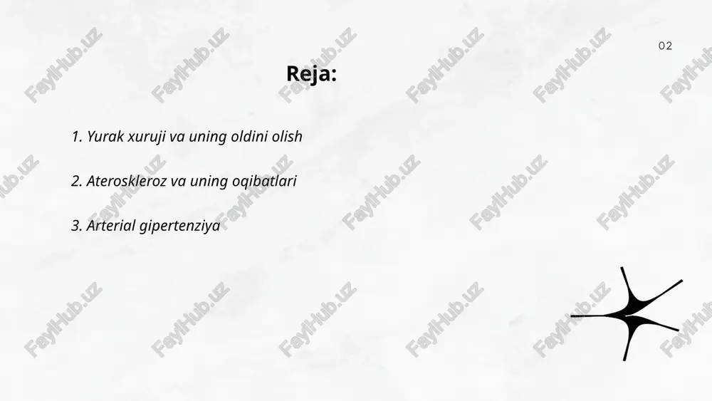 olish uchun sog'lom turmush tarziga rioya qilish: ovqatlanishni nazorat qilish, jismoniy faollik, stressni kamaytirish va tamaki mahsulotlaridan voz kechish muhimdir. arterial gipertenziya asosan dorilar bilan davolanadi, lekin ayrim hollarda boshqa tibbiy muolajalar ham talab qilinishi mumkin. ... t.me/slaydai_bot 4. yurak ritmi buzilishlari yurak ritmi buzilishlari, yoki aritmiyalar, yurakning normal elektr faoliyati izdan chiqishi natijasida sodir bo'ladi. bu holat yurak urishining tezlashishi (taxikardiya), sekinlashishi (bradikardiya) yoki noto'g'ri urish (fibrillyatsiya) ko'rinishida namoyon bo'lishi mumkin. taxikardiyada yurak urish tezligi odatda daqiqasiga 100 martadan ko'p, bradikardiyada esa 60 martadan kam. aritmiyalar yuqori qon bosimi, diabet, yurak kasalliklari yoki stress bilan bog'liq bo'lishi mumkin. statistika ko'rsatadi, dunyo bo'ylab kattalarning taxminan 1-2 foizi aritmiya bilan yuzma-yuz keladi. aritmiyani tashxislash uchun ekg (elektrokardiogramma) usulidan keng foydalaniladi. ... t.me/slaydai_bot yurak yetishmovchiligi dunyoda ommabop kasalliklardan biri bo'lib, yurakning qon pompalash funktsiyasida muammolar sababchi bo'ladi. har yili 26 millionga yaqin inson yurak yetishmovchiligidan aziyat chekadi. aqshda yiliga taxminan 6,2 million …