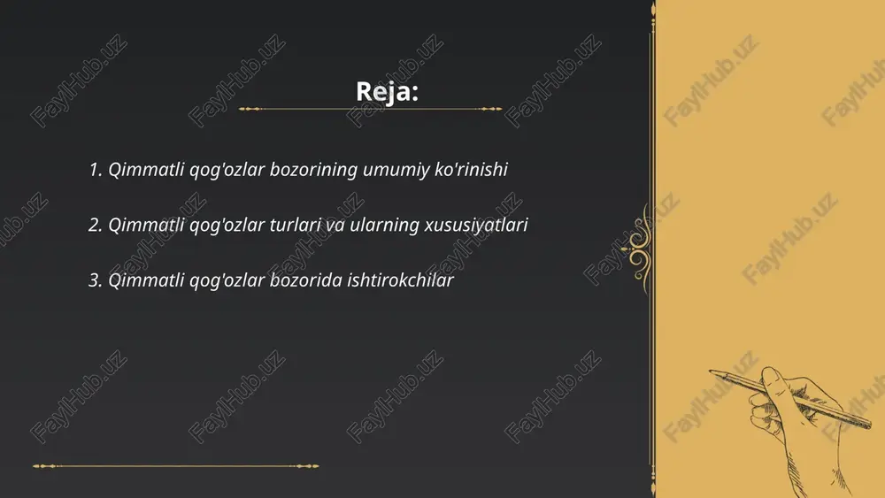 uyidagi guruhlarga bo'linadi: investorlar, masalan, yirik kompaniyalar yoki jismoniy shaxslar, o'z mablag'larini ko'paytirish maqsadida qimmatli qog'ozlarga sarmoya kiritadi. markaziy banklar ham qimmatli qog'ozlar bozorining muhim o'yinchilaridir, ular likvidlikni ta'minlash va narxlarni barqarorlashtirish maqsadida ishtirok etishadi. brokerlar va dilerlar esa qimmatli qog'ozlar xarid qilish va sotish jarayonida vositachilik qilishadi. 2021-yilda dunyo bo'ylab qimmatli qog'ozlar bozoridagi umumiy qiymat taxminan 95 trillion dollarni tashkil etdi. o'zbekistonda qimmatli qog'ozlar bozorini rivojlantirishda markaziy bank va kapital bozor agentligi muhim rol o'ynaydi. ... t.me/slaydai_bot 4. qimmatli qog'ozlar birjalari va ularning roli qimmatli qog'ozlar birjalari bozor iqtisodiyotining muhim unsuridir. dunyo bo'ylab birjalarda trillionlab dollar qiymatidagi qimmatli qog'ozlar sotiladi. 2022-yil holatiga ko'ra, nyu-york fond birjasi 28 trillion dollar kapitalizatsiyaga ega eng katta birja hisoblanadi. qimmatli qog'ozlar birjalari investorlarga aksiyalar, obligatsiyalar va shunga o'xshash moliyaviy instrumentlarni sotib olish va sotishda likvidlikni ta'minlaydi. ular kompaniyalarga kapital jalb qilishda yordam beradi. 2023-yilgi ma'lumotlarga ko'ra, global qimmatli qog'ozlar bozorining hajmi 120 trillion …