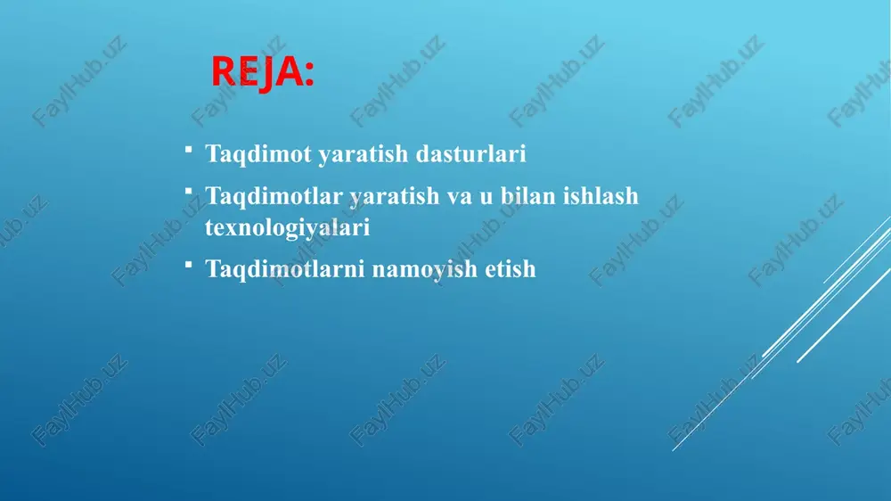 i. 5 microsoft powerpoint taqdimot muharririda ishlash powerpointning ko`p foydalaniladigan bo`limlaridan «dizayn» bo`limida slayd dizaynini boshqarish buyruqlari joylashadi. 6 microsoft powerpoint taqdimot muharririda ishlash «perexodi» bo`limida slayddan slaydga o`tishda qo`llaniladigan maxsus efektlar joylashadi. 7 microsoft powerpoint taqdimot muharririda ishlash «animatsiya» bo`limida slayddagi obektlarga qo`llaniladigan animatsion efektlar joylashadi. 8 microsoft powerpoint taqdimot muharririda ishlash obektning slaydga kirirb kelishida qo`llaniladigan animatsion efektlar obektning slayddagi belgilanishida qo`llaniladigan animatsion efektlar obektning slayddan chiqib ketishida qo`llaniladigan animatsion efektlar obektning slayddagi harakatini belgilashda qo`llaniladigan efektlar powerpoint dasturida animatsion efektlar 4 ga bo`linadi: 9 microsoft powerpoint taqdimot muharririda ishlash «pokaz slaydov» bo`limida taqdimotni namoyish etishni boshqarish buyruqlari joylashadi. 10 google slides bilan ishlash google da taqdimotlar yaratish uchun ilovalar bo`limidan “slides” (yoki prezentatsii) ni tanlaymiz bu yerdan esa kerakli shablon yoki bo`sh hujjatni tanlaymiz. bunda “prezentatsiya bez nazvaniya” yozuvi ustiga sichqon chap tugmasini bosib, unga nom berish mumkin odatda bo’sh hujjat tanlanadi. bu dasturda ham buyruqlar menyularda …