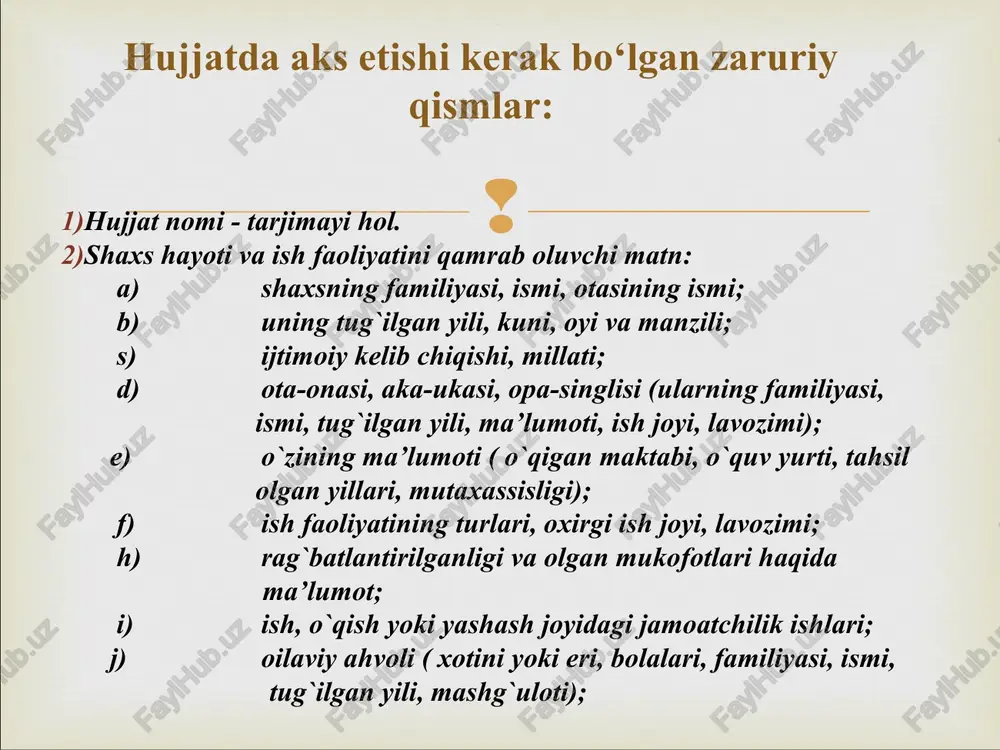an yili, mashg`uloti); hujjatda aks etishi kerak bo‘lgan zaruriy qismlar: yashash joyi ( viloyat, shahar, tuman, ko`cha, hovli yoki xonadoni, telefoni). l) yozilgan sana, muallifning imzosi va familiyasi. tarjimayi hol ko`pincha oddiy qog`ozga qo`lda yoziladi. ba’zan o`qishga yoki ishga kirayotganda maxsus ish qog`oziga to`ldiriladi. matn birinchi shaxs nomidan bayon etiladi. unda yil, oy, kunlarga doir ma’lumotlar qat’iy davriylik asosida yoritiladi. tarjimayi holda keltirilgan ma’lumotlar aniq, bayon etilayotgan fikrlar esa barchaga tushunarli va ravon uslubda bo`lishi lozim. namuna tarjimayi hol men,fattoyeva feruza hamid qizi 1994-yil 14-fevral kuni buxoro viloyati, shofirkon tumani, pashmon qishlog’ida ziyoli oilada tug‘ilganman. otam – qodirov hamid, 1967-yil buxoro viloyati, shofirkon tumani, pashmon qishlog‘ida tug‘ilgan.millati o‘zbek hozirda buxoro viloyati, shofirkon tumanidagi 17-maktabda o‘qituvchi bo‘lib ishlaydi. onam –shomurodova aziza 1971-yilda buxoro viloyati, shofirkon tumanida tug‘ilgan , hozirda uy bekasi. oilamizda bir opam,va uch singlim bor. men 2000- 2009-yillarda buxoro viloyati, shofirkon tumanidagi 17-maktabida o‘qidim. 2009-2012 yillar shofirkon maishiy xizmat …