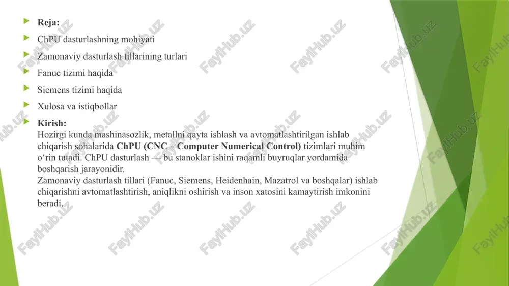 rni aniqlash qulay qo‘llanilishi: tokarlik, frezalash, lazerli va plazmali kesish stanoklarida keng ishlatiladi. siemens sinumerik tizimi siemens sinumerik – germaniyada ishlab chiqilgan ilg‘or boshqaruv tizimi bo‘lib, yuqori aniqlikdagi ishlov berish uchun mo‘ljallangan. xususiyatlari: g va shopmill/shopturn dasturlash interfeyslari mavjud grafik interfeys yordamida dasturlash osonlashtirilgan plc (programmable logic controller) bilan integratsiyalashgan murakkab interpolatsiya (3d ishlov)ni qo‘llab-quvvatlaydi afzalliklari: ishlab chiqarish jarayonini simulyatsiya qilish mumkin foydalanuvchi interfeysi qulay (hmi – human machine interface) tizim o‘z-o‘zini diagnostika qiladi yuqori aniqlik va silliq harakat nazorati qo‘llanilishi: aviatsiya, avtomobilsozlik va yuqori aniqlik talab qiluvchi sanoat sohalarida. xulosa va istiqbollar chpu dasturlash ishlab chiqarish jarayonlarini avtomatlashtirishda muhim rol o‘ynaydi. fanuc tizimi – soddaligi va universalligi bilan, siemens sinumerik – moslashuvchanligi va grafik interfeysi bilan ajralib turadi. zamonaviy chpu dasturlash tillari ishlab chiqarishda raqamli texnologiyalar, ai (sun’iy intellekt) va iot (internet of things) bilan integratsiyalashmoqda. kelajakda chpu dasturlash avtomatik kod generatsiyasi, virtual sinovlar, va aqlli ishlab chiqarish tizimlari …