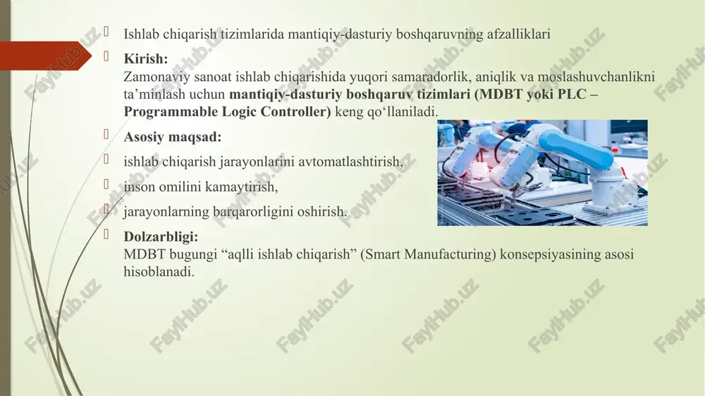 sarf va kimyoviy reaksiya jarayonlarini nazorat qiladi. 3. robototexnika: – robotlar harakatini aniq ketma-ketlikda boshqaradi. 4. qishloq xo‘jaligi va oziq-ovqat sanoati: – sug‘orish, tozalash, saralash, pishirish jarayonlarini avtomatlashtiradi. 5. “aqlli zavodlar” (smart factory): – iot va ai bilan integratsiyalashgan boshqaruv tizimlari orqali to‘liq raqamli ishlab chiqarishni ta’minlaydi. xulosa va istiqbollar xulosa: mantiqiy-dasturiy boshqaruv tizimlari ishlab chiqarishda: aniqlikni oshiradi, inson mehnatini yengillashtiradi, energiya sarfini kamaytiradi, ishlab chiqarish jarayonini xavfsiz va barqaror qiladi. kelajak istiqbollari: sun’iy intellekt asosida o‘z-o‘zini o‘rganuvchi boshqaruv tizimlari; bulutli (cloud) texnologiyalarga ulangan avtomatlashtirilgan tarmoqlar; iot (internet of things) orqali masofaviy boshqaruv; to‘liq raqamli ishlab chiqarish (industry 4.0). image1.jpg image2.jpg engineer touch screen control robot the production of factory parts engine manufacturing industry ro /docprops/thumbnail.jpeg ishlab chigarish tizimlarida ‘mantigiy-dasturiy boshqaruvning afzalliklari