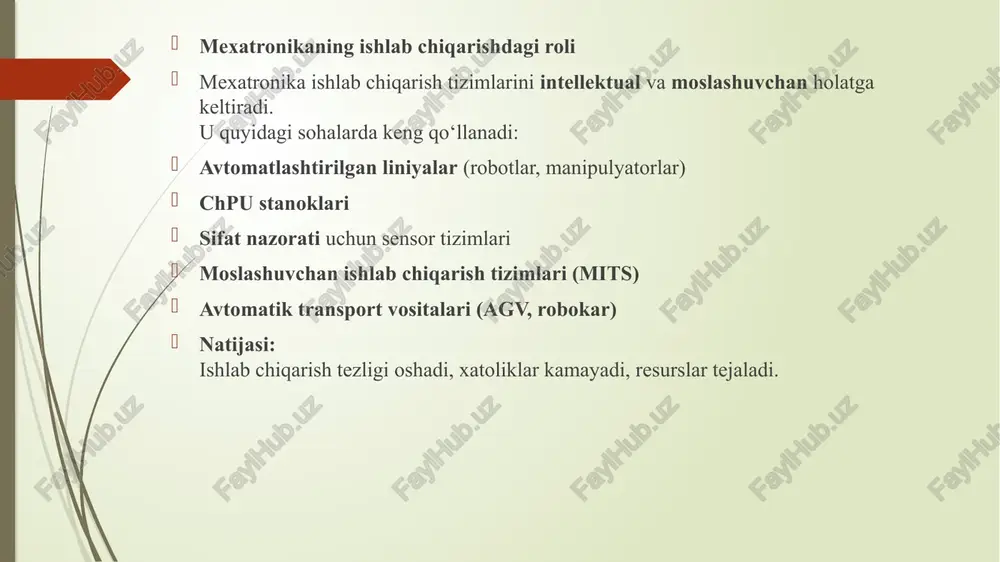 latga keltiradi. kelajakda mexatronika asosidagi “aqlli zavodlar” (smart factory) to‘liq avtomatik boshqariladigan, raqamli va ekologik toza ishlab chiqarish muhitini yaratadi. image1.jpeg image2.jpeg image3.jpeg /docprops/thumbnail.jpeg