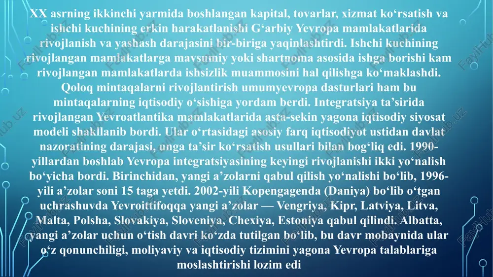 1987-yili yevropa hamjamiyatini yiga aylantirish bilan u “ichki chegaralarsiz makon” bo‘lib qoldi. 1993-yili yagona yevropa fuqaroligini ta’minlagan maastrixt kelishuvlari kuchga kirdi. yiga kiruvchi mamlakatlar fuqarolari hech qanday vizasiz ittifoqning istalgan mamlakatida o‘zi xohlagan muddat yashashi va mahalliy saylovlarda ishtirok etishi mumkin bo‘ldi ikkinchi bosqich: ko’mir va po’lat sohasidagi integratsiya (1950-yillar) yevropa ko’mir va po’lat hamjamiyati (ecsc, 1951) – frantsiya, germaniya, italiya, belgiya, niderlandiya va lyuksemburg ishtirokida tashkil etildi. bu harbiy mojarolarni oldini olish va sanoat resurslarini birgalikda boshqarish uchun muhim qadam bo‘ldi. uchinchi bosqich to’rtinchi bosqich yevropa iqtisodiy hamjamiyatining shakllanishi (1957–1960-yillar) rim shartnomasi (1957) – ecsc a'zolari yevropa iqtisodiy hamjamiyatini (eec) va yevropa atom energetikasi hamjamiyatini (euratom) tashkil etdi. bu ittifoq ichida erkin savdo, kapital va ishchi kuchi harakatini rivojlantirishni nazarda tutardi. erkin savdo hududi (1960) – yevropa erkin savdo assotsiatsiyasi (efta) buyuk britaniya, shvetsiya, norvegiya, daniya va boshqa davlatlar tomonidan tuzildi. 1973-yilda buyuk britaniya, irlandiya va daniya eec ga …