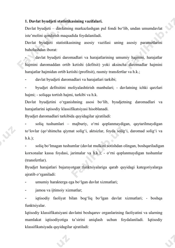 l harajatlar (asosiy kapitalni va zahiralarni hosil qilish uchun tovarlar sotib olish, erni va nomaterial aktivlarni, kapital transfertlarni sotib olish va h.k.). byudjetni bajarilish darajasini tahlili umumiy daromadlar va harajatlar bo‘yicha rejani bajarish darajasini ifodalovchi nisbiy ko‘rsatkichni hisoblashdan, shuningdek ularning turlari va maqsadli foydalanish yo‘nalishlari bo‘yicha amalga oshiriladi. davlatning aralashuvi natijasida amalga oshirilgan qayta taqsimlash jarayonlarining hajmini byudjetning daromad qismini yalpi ichki mahsulotga nisbati ifodalaydi. byudjetning daromadlari va harajatlarini statistik o‘rganish dinamika qarorlari asosida amalga oshiriladi. rejadan farq qilishga sabab bo‘lgan omillarni statistik baholaydi. jumladan, soliq tushumlariga ta’sir qiluvchi asosiy omillar bo‘lib quyidagilar hisoblanadi: - soliq bazasining o‘zgarishi; - soliq stavkasining o‘zgarishi. soliq bazasi o‘zgarishining soliqni absolyut o‘sishiga ta’sirini quyidagi formula bo‘yicha aniqlash mumkin: us= s1i x k0i -  s0i x koi soliq hajmini absolyut o‘sishi quyidagicha aniqlanadi: uk= s1i x k1i -  s1i x koi; bunda, s1i s0i – i ko‘rsatkich bo‘yicha bazis va joriy davrdagi soliq …