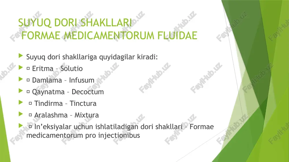 a saqlash tavsiya etiladi. ichish uchun eritmalarni odatda darajalarga bo’lingan stakanchalarda, choy qoshiqlarda, desert qoshiqlarda, osh qoshiqlarda, shuningdek tomchi ko’rinishida dozalanadi va qabul qilinadi. qoshiqlar hajmi: 1 choy qoshiq – 5 ml, 1 desert qoshiq 7,5 – 10 ml, 1 osh qoshiq 15 ml. damlama va qaynatmalar infuza et decocta damlamalar – dozalarga bo’linmagan suyuq, magistral dori shakli bo’lib ko’pincha o’simliklarning nozik qismlaridan: bargi (folium), guli – (flos), o’tidan – (herba) tayyorlanadi. maydalangan dorivor xomashyo oldindan isitilgan infundirkaga solinib, ustiga qaynoq suv quyiladi va qaynoq suv hammomida 15 daqiqa ushlanadi. so’ngra xona haroratida 45 daqiqa mobaynida sovutilgach filtrlanadi va distillangan suv bilan kerakli hajmga yetkaziladi. misol. ayiqquloq (toloknyanka) bargidan 1:10 nisbatda 180 ml qaynatma yozib berilsin. 1 osh qoshiqdan ichishga buyurilsin. rp.: decocti foliorum uvae ursi 18,0 – 180 ml d.s. 1 osh qoshiqdan ichilsin. aralashma mixturae aralashma (mixtura) – bu suyuq dori shakli bo’lib, qaysiki suyuqliklarda (suvda, spirtda, gliserinda, …