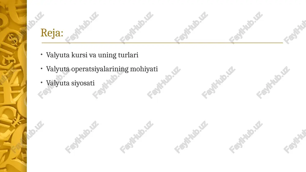 savdoda asosiy hamkor bo’lgan mamlakatlar valyutalarining salmog’ini inobatga olgan holda hisoblangan, indeks ko’rinishidagi valyuta kursidir. real samarali valyuta kursi (real effective exchange rate, reer). nominal samarali valyuta kursidan real tendentsiyalarni aniqlash, ya’ni inflyatsiya ko’rsatkichlarini chiqarib tashlagan holda mamlakatlardagi ishlab chiqarish, iste’mol xarajatlarini solishtirish uchun real samarali valyuta kursi hisob-kitob qilinadi. 4 valyuta kursiga ta’sir etuvchi omillar. valyuta kursiga ta’sir etuvchi fundamental omillarning 4 turini alohida ajratib ko’rsatish mumkin. 1. iqtisodiy omillar. iqtisodiy omillarning asosiylari sifatida mamlakatning iqtisodiy rivojlanishi to’g’risidagi ma’lumotlar(yaim, sanoatning o’sishi, ishsizlik va aholining mehnat bilan bandligi, inflyatsiya, foiz stavkalar va h.k.)ning o’zgarishi, mamlakatlar markaziy banklari boshliqlarining chiqishlari va yig’ilishidagi qarorlar, valyuta interventsiyasi, moliya bozorining valyutadan tashqari boshqa bozorlaridagi o’zgarishlarni qayd etib o’tish mumkin. 2. siyosiy omillar. siyosiy omillarning asosiylari sifatida prezident, davlat va hukumat boshliqlarini saylash jarayoni va uning natijalari, ularning iste’foga chiqishi, shuningdek, markaziy banklar yoki pul-kredit siyosati bilan shug’ullanuvchi davlat organlari rahbar kadrlar almashinuvi, geosiyosiy to’qnashuv …