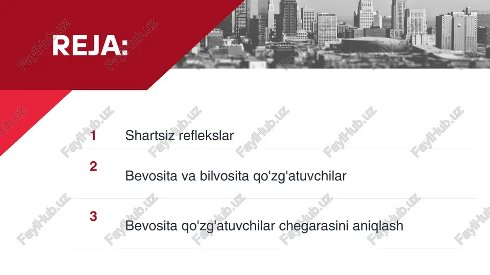 tormozlanadi, baʼzan yoʻqolib ketadi. shuning uchun shartli reflekslarning biologik ahamiyati organizmning moslanish imkoniyatlarini kengaytirishdan va uning xattiharakatlarini har xil sharoitga moslanishiga yordam berishdan iborat. organizmning filogenetik taraqqiyoti va individual rivojlanishi davomida shartli reflekslar ham tobora murakkablashib boradi. misol: agar doim qoʻngʻiroq chalib, darrov ovqat berilsa, keyinchalik qoʻngʻiroq chalinsa, hayvonning ogʻzidan suv oqib tura boshlaydi, hatto ovqat berilmagan taqdirda ham. shartli refleksning shakllanishi: biror bir signal (shartli qoʻzgʻatuvchi) tabiiy javobni keltirib chiqaradigan biror narsa (shartsiz qoʻzgʻatuvchi) bilan bir necha marta takrorlanib biriktirilganda, signalning oʻzi ham oʻsha javobni keltirib chiqaradigan boʻlib qoladi. xususiyatlari: shartli reflekslar bir umrga saqlanib qolmaydi, agar shartli qoʻzgʻatuvchi shartsiz qoʻzgʻatuvchidan alohida ishlatilsa, u asta-sekin yoʻqolib boradi. bu jarayon orqali organizm oʻzining muhitiga moslashadi. shartli reflekslar - hayvonlar va insonlar shaxsiy hayotlari davomida oʻrgangan, moslashuvchan reaksiyalar tizimidir. ular shartli (signal) qoʻzgʻatuvchi (masalan, qoʻngʻiroq) va shartsiz (tabiiy) qoʻzgʻatuvchi (masalan, ovqat) birikishidan hosil boʻladi. bevosita va bilvosita qo'zg'atuvchilarning chegaralarini aniqlash ularning …