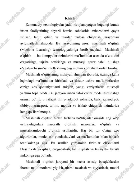 ni belgilaydi. bugungi kunda mashinali o‘qitish uchun turli instrumental vositalar mavjud bo‘lib, ulardan eng mashhurlari matlab va python muhitlaridir. matlab muhiti ko‘proq matematik hisoblashlar, grafik tahlillar va muhandislik modellari uchun qulay bo‘lsa, python dasturlash tili ochiq manbali, moslashuvchan va keng kutubxonalar tizimiga ega. ayniqsa, scikit-learn, tensorflow, va keras kabi kutubxonalar mashinali o‘qitish jarayonini soddalashtiradi va samaradorligini oshiradi. 1. mashinali o‘qitish tushunchasi va uning asosiy turlari zamonaviy texnologik inqilob davrida insoniyat hayotining barcha jabhalarida axborot oqimining mislsiz darajada ortib borayotgani kuzatilmoqda. shu sababli bu axborotlarni samarali tarzda qayta ishlash, ulardan foydali bilimlar chiqarish va tahlil asosida qarorlar qabul qilish ehtiyoji kundan-kunga ortmoqda. ana shunday jarayonda mashinali o‘qitish texnologiyalari inson tafakkurining mantiqiy jarayonlarini kompyuter tizimlariga o‘rgatish imkonini beradi. mashinali o‘qitish (machine learning) — bu sun’iy intellektning bir yo‘nalishi bo‘lib, kompyuter tizimlariga aniq dasturlashtirilmagan holda ma’lumotlardan o‘rganish, xulosa chiqarish va yangi vaziyatlarda qaror qabul qilish imkoniyatini beradi. oddiy qilib aytganda, mashinali o‘qitish algoritmlari …