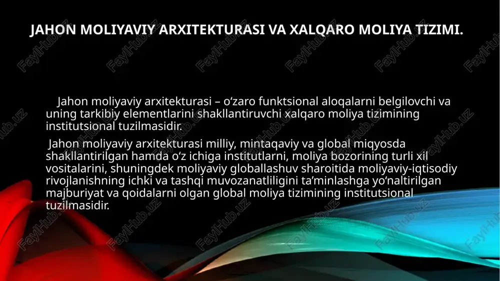 ar va axloq kodekslari. mintaqaviy moliya-kredit tashkilotlari; moliya bozorlari va boshqalar. milliy moliya tizimlari milliy huquqiy normalar; o‘z-o‘zini boshqarish organlari. milliy moliya-kredit tashkilotlari; moliya bozori va boshqalar. jahon moliya tizimining tarkibiy elementlarini tizimlashtirish jahon moliyaviy arxitekturasi faoliyatining quyidagi tamoyillarini ajratib ko‘rsatish mumkin: mavjud muammolarni aniqlash va ularni bartaraf etish jarayoniga jahon moliyaviy arxitekturasining barcha ishtirokchilarini jalb qilinishi. jahon moliyaviy arxitekturasining barcha ishtirokchilari uning isloh etilishidan manfaatdor bo‘lishi. jahon moliyaviy arxitekturasining institutsional rivojlanishining, shu jumladan, qaror qabul qilish qoidalari va tartiblari hamda ularni amalga oshirishning shaffof bo‘lishi. jahon moliyaviy arxitekturasining institutsional rivojlanishida barcha ishtirokchilarning asosiy qadriyatlari va manfaatlari xavfsizligining ta’minlanishi. jahon moliyaviy arxitekturasining institutsional rivojlanishida ishtirokchilar faoliyatini muvofiqlashtirish shakllarining xilma-xil bo‘lishi. zamonaviy jahon moliyaviy arxitekturasi rivojlanishining quyidagi yo‘nalishlarini ajratish mumkin: 1. jahon moliyaviy tizimining barqarorligi, global moliyaviy inqirozlardan himoya qilish va ularning rivojlanishini oldini olish. dunyoda integratsiyalashuv jarayonining kuchayganligi va ko‘plab yirik bozor iqtisodiyoti rivojlangan mamlakatlarning kapital oqimi uchun yanada ochiqroq …
