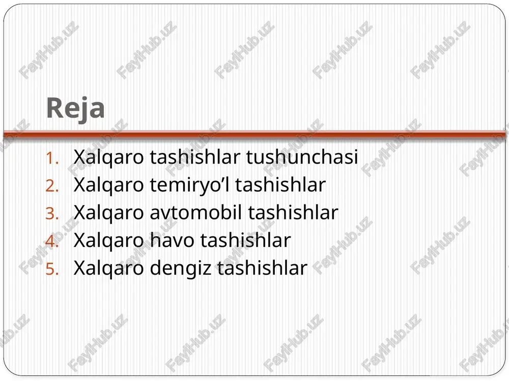 r yo'l transporti to'g'risidagi nizom va boshqalar). xalqaro tashishlarning turlari transport turi bo’yicha avtomobil dengiz temiryo’l havo multimodal xalqaro temir yo’l tashishlar xalqaro temir yo’l tashishlar – bu xalqaro temir yo'l konvensiyasi shartlariga binoan ikki yoki undan ortiq davlat o'rtasida yuklarni va yo'lovchilarni tashish. xalqaro kelishuvlar (cotif) xalqaro temir yo'l transporti tashkilotini tashkil etgan 1980 yilgi xalqaro transport shartnomasi (cotif) temir yo'l transportini tartibga solishning asosiy shartnomalaridan biridir. cotif yetkazib beriluvchi tovarlarga zarar yetkazilganda temir yo’lning xvf hisobi birligida majburiyatlarining maksimal hajmini belgilaydi; yetkazib berishning kechikishi natijasida yetkazilgan zararlar yuk egasiga uch marotaba tashish to'lovlari doirasida qoplanadi. cotif tovarlarni yetkazib berishning muddatlarini belgilaydi. masalan, yuklarni yetkazib berishning umumiy vaqti yuqori tezlikdagi yuk uchun 400 km, past tezlikdagi esa kuniga 300 km. xalqaro kelishuvlar (smgs) o'zbekiston respublikasi xalqaro temir yo'l harakati to'g'risidagi 1951 yilgi shartnomaning (smgs) ishtirokchisi (1992 yilda qayta ko'rib chiqilgan). u bir qator boshqa mamlakatlarning temir yo'llari o'rtasida yuklarni …