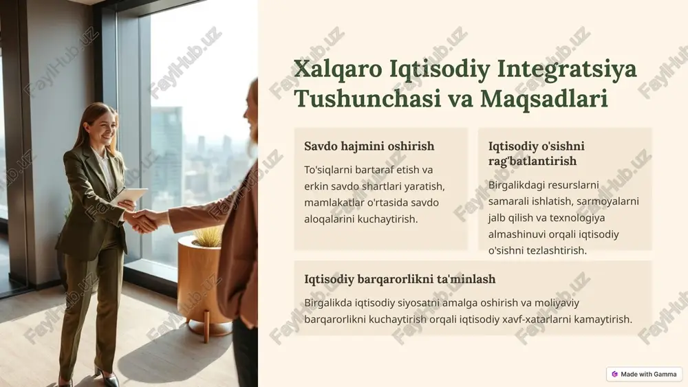 oshiriladi. jahon savdo tashkiloti (jst) global integratsiyaning asosiy platformasi bo'lib, davlatlar o'rtasidagi savdo munosabatlarini tartibga soladi. 4 xalqaro iqtisodiy integratsiya afzalliklari va kamchiliklari afzalliklari savdo hajmini oshirish, iqtisodiy o'sishni rag'batlantirish, ish o'rinlari yaratish va xalqaro hamkorlikni mustahkamlash. kamchiliklari ba'zi sohalarda raqobatni pasaytirishi, milliy siyosatning chegaralanishi va iqtisodiy shoklarga moyillik. 5 xalqaro iqtisodiy integratsiya jarayonlarida o'zbekiston ishtirokining asosiy yo'nalishlari afzalliklari o'zbekistonning xalqaro iqtisodiy integratsiyaga qo'shilishi uning iqtisodiy o'sishini rag'batlantirish, xorijiy investitsiyalarni jalb qilish, yangi bozorlarga kirish va texnologiya almashinuvi imkoniyatlarini yaratadi. bu, o'z navbatida, ish o'rinlari yaratish va aholining turmush darajasini oshirishga yordam beradi. qiyinchiliklar o'zbekistonning iqtisodiy tuzilmasini diversifikatsiya qilish, raqobatbardoshlikni oshirish va milliy ishlab chiqarishni rivojlantirish uchun qo'shimcha harakatlar talab etiladi. shu bilan birga, integratsiya jarayoni milliy iqtisodiy siyosatning chegaralanishi va boshqa davlatlarning iqtisodiy siyosatlariga bog'liqlikni keltirib chiqarishi mumkin. 6 image-1002-1.png image-1-1.png image-1-2.png image-1003-1.png image-2-1.png image-1004-1.png image-1005-1.png image-1006-1.png image-5-1.png image-1007-1.png @ made with gamma @ made with gamma @ made …