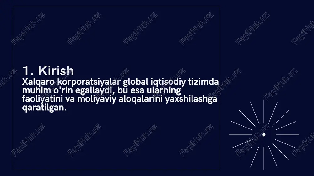 arixi :xalqaro korporatsiyalarning paydo bo'lishi, sanoat inqilobi va globalizatsiya jarayonlari bilan bogliq. ushbu jarayonlar xalqaro savdoning kengayishiga olib keldi. 5.moliyaviy strukturasi: xalqaro korporatsiyalarning moliyaviy resurslari, investitsiyalar va moliyaviy risklarni boshqarish mexanizmlari. xalqaro korporatsiyalar faoliyati orqali iqtisodiyotda quyidagi imkoniyatlar yaratiladi: – ishlab chiqarishning yirik hajmi va ko’lami hisobiga mahsulot birligiga to’g’ri keladigan xarajatlarni kamaytirish; – ishlab chiqarishning samarali tashkil etilishi hisobiga mehnat taqsimoti va ixtisoslashuvni yanada chuqurlashtirish; – jahon bozoridagi talabning o’zgarishiga muvofiq strategik loyihalarni amalga oshirish. -tashqi muxit o`zgarishiga tezda moslashish; xalqaro korporatsiyalar savdo va investitsiyalar orqali iqtisodiy o'sishga hissa qo'shadi, mamlakatlar o'rtasida tovarlar va xizmatlar aylanishini oshiradi. 6.transmilliy kompaniyalar – dunyo sanoat ishlab chiqarishining taxminan 1/2 qismi tmklar hisobiga to’g’ri keladi; zamonaviy jahon xo’jaligida tmklar rolini quyidagi ko’rsatkichlar yordamida ko’rish mumkin: – tmklar bo’linmalarida barcha ish bilan band aholining qariyb 10% faoliyat yuritadi; – tmklar jahon savdosining qariyb 2/3 qismini nazorat etadi; – o’z tuzilmasida ta’minot, ishlab chiqarish, ilmiy-tadqiqot, …