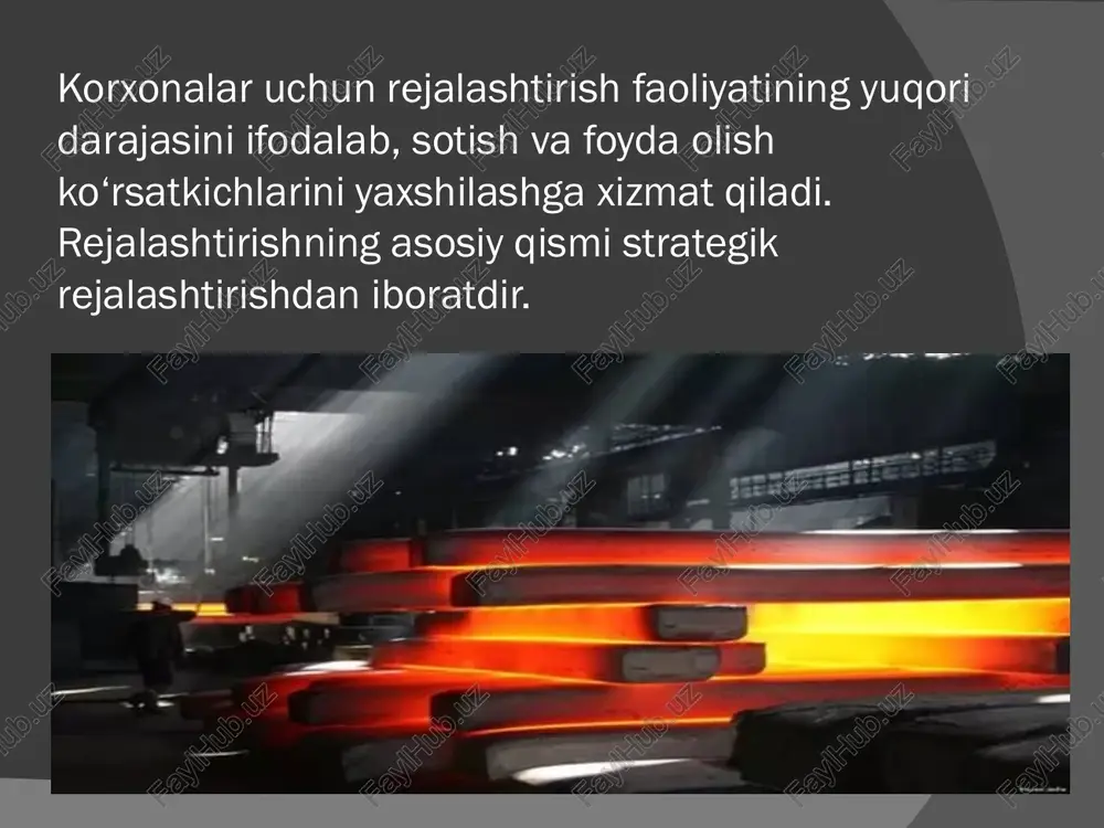 ona tarmoq doirasida boshqa korxonalar bilan • hamkoorlikda (integratsiya) ishlashi mumkin. bunda shu tarmoq doirasida • taqsimot tizimi kattik nazorat qilinadi. bunda raqobatchi firmalari ustidan • doimiy nazorat olib boriladi. 3 • korxonaning o‘sish strategiyasining 3-bosqichida tarmoq doirasida o‘sish • imkoniyatlari qolmagan bo‘lsa, korxonaning mavjud turiga yaqinroq yangi • yo‘nalishini tanlash, o‘zlashtirishdan iborat jarayon amalga oshiriladi. korxonaning taktik rejasi strategik rejasining bir qismi bo‘lib, unga qo‘yilgan maqsadlarga erishishning vositalari, usullari aniqlanadi. agar strategik rejalashtirishni asosiy mezoni uzoq muddatlilik hisoblansa, unda marketing taktik rejalashtirishda o‘rta muddatli strategik chora-tadbirlar amalga oshiriladi. marketingni opyerativ rejalashtirishning mezoni bo‘lib qisqa muddatlilik hisoblanadi. taktik rejalarda umumiy sotish rejasi, har bir tovar guruhi bo‘yicha ta’minot va sotish rejasi, daromadlar rejasi, xarajatlar rejasi, foyda rejasi, savdo uchun zarur jixozlar, asbob-uskunalar bilan ta’minlanish rejasi, bozorning hozirgi holatiga baho berish, korxona imkoniyatlari va xavf- xatarlari ifodalanadi. marketing rejalashtirish jarayonining tuzilishi taklif swot - tahlil holat (situatsiya) tahlili baholash, nazorat qilish …