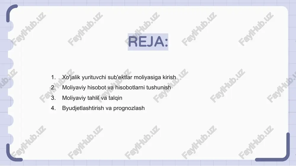 alar moliyaviy maqsadlarni belgilashlari va ularning faoliyatini kuzatishlari mumkin. boshqa tomondan, bashorat qilish kelajakdagi moliyaviy tendentsiyalarni bashorat qilishga va asosli qarorlar qabul qilishga yordam beradi. to'g'ri byudjetlashtirish va prognozlash korxonalarga potentsial xavf va imkoniyatlarni aniqlashga yordam beradi va ularga moliyaviy maqsadlariga erishish uchun strategik qarorlar qabul qilish imkonini beradi. tadbirkorlik sub'ektlari uchun moliyalashtirish imkoniyatlari tadbirkorlik sub'ektlari o'z faoliyati va faoliyatini kengaytirish uchun mablag'larni jalb qilish uchun turli xil moliyalashtirish variantlari mavjud. ushbu variantlar qarzni moliyalashtirishni o'z ichiga oladi, bu erda korxonalar kreditorlardan qarz oladilar va ma'lum vaqt oralig'ida uni foizlar bilan qaytarishga rozi bo'lishadi. boshqa variant - kapital evaziga investorlarga biznesdagi egalik ulushlarini sotishni o'z ichiga olgan kapital moliyalashtirish. risklarni boshqarish va sug'urta risklarni boshqarish va sug'urtalash tadbirkorlik sub'ektlari moliyasining hal qiluvchi jihatlari hisoblanadi. ular potentsial xavflarni aniqlash va ularni minimallashtirish va kamaytirish uchun strategiyalarni amalga oshirishni o'z ichiga oladi. risklarni boshqarish tabiiy ofatlar, sud jarayonlari yoki iqtisodiy tanazzul kabi …