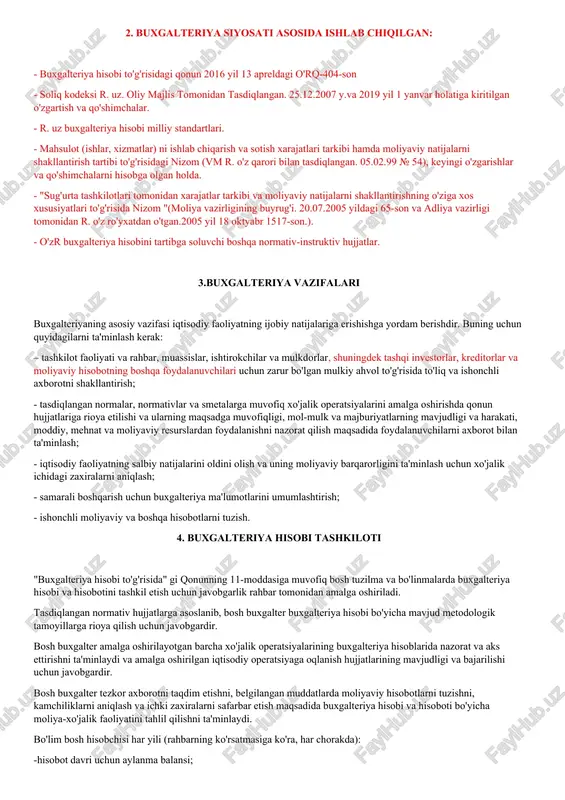lariga muvofiq buxgalteriya hisobi uchun zarur bo'lgan sintetik va analitik hisoblarni o'z ichiga olgan buxgalteriya hisobining ish rejasi; - boshlang'ich buxgalteriya hujjatlarining odatiy shakllarini, shuningdek, ichki moliyaviy hisobot uchun hujjatlarning shakllarini nazarda tutmagan iqtisodiy faoliyat faktlarini ro'yxatdan o'tkazish uchun foydalaniladigan dastlabki hisob hujjatlari shakllari; - tashkilotning aktivlari va majburiyatlarini inventarizatsiya qilish tartibi; - aktivlar va majburiyatlarni baholash usullari; - ish yuritish qoidalari va buxgalteriya ma'lumotlarini qayta ishlash texnologiyasi; - xo'jalik operatsiyalarini nazorat qilish tartibi; - buxgalteriya hisobi uchun zarur bo'lgan boshqa echimlar. 2. buxgalteriya siyosati asosida ishlab chiqilgan: - buxgalteriya hisobi to'g'risidagi qonun 2016 yil 13 apreldagi o'rq-404-son - soliq kodeksi r. uz. oliy majlis tomonidan tasdiqlangan. 25.12.2007 y.va 2019 yil 1 yanvar holatiga kiritilgan o'zgartish va qo'shimchalar. - r. uz buxgalteriya hisobi milliy standartlari. - mahsulot (ishlar, xizmatlar) ni ishlab chiqarish va sotish xarajatlari tarkibi hamda moliyaviy natijalarni shakllantirish tartibi to'g'risidagi nizom (vm r. o'z qarori bilan tasdiqlangan. 05.02.99 …
