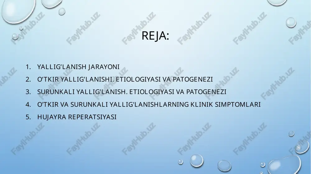 allergik reaksiyalar, bronxospazm chaqiradi. 6. komplement tizimi komponentlari (c3a, c5a) – neytrofillarni chaqiradi, yallig‘lanishni kuchaytiradi. o'tkir yallig'lanish o'tkir yallig'lanish qisqa muddat (bir necha minutdan bir necha kungacha) davom etishi, ekssudativ reaktsiya boshlanib, plazma suyuq qismi va oqsillarining tomirlardan chiqishi, leykotsitlar, asosan, neytrofillar koʻchishi bilan ta'riflanadi. surunkali yallig'lanish uchun uning uzoq davom etib borishi, yallig'lanish infiltratida limfotsitlar bilan makrofaglarning ko'p boʻlishi, qon tomirlar va biriktiruvchi toʻqimada proliferatsiya boshlanishi xosdir. etiologiyasi va patogenezi o'tkir yallig'lanishga olib boradigan sabablar juda har xil. ular kelib chiqi-shi jihatidan ekzogen va endogen bo'lishi mumkin. yallig'lanishning ekzogen omillariga quyidagilar kiradi: 1) fizik omillar (nur va elektr energiyasi, yuqori va past harorat, har xil shikastlar, ya'ni travmalar), 2) kimyoviy omillar (kislota-lar, ishqorlar, dori preparatlari, skipidar va kroton moyi bular qatorida alohida o'rinda turadi), 3) biologik omillar - mikroblar (stafilokokklar, streptokokklar, pnevmokokklar, ichak tayoqchasi va boshqalar), viruslar. yallig'lanishga sabab boʻlgan kimyoviy moddalar endogen yo'l bilan ham yuzaga kelishi mumkin. …