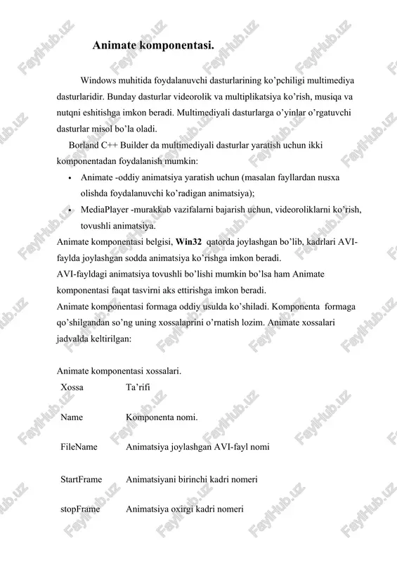odka qatorida fayl haqida to’liq ma’lumot beriladi. animate komponentasi dasturchiga windows standart animatsiyasidan foydalanishga imkon beradi. animatsiya turi sommonavi xossasi qiymati bilan belgilanadi. xossa qiymati nomlangan konstantalar orqali beriladi. quyidagi jadvalda konstantalar qiymatlari, animatsiya turi, jarayon ta’rifi berilgan. comonavi xossasi qiymatlari. qiymat animatsiya jarayon avicopyfiles fayldan nusxa olish avideletefile faylni o’chirish avirecyclefile fayli korzinaga o’chirish quyidagi dastur, animate komponentasidan foydalanishga misol bo’ladi. dastur formasi ko’rinishi rasmda, animatel komponentasi xossalari qiymatlari jadvalda berilgan. svodka bo’limida avi-fayl haqida ma’lumot aks etadi. animatsiya qurish dasturi formasi animate1 xossalari qiymatlari xossa kiymat filename d:\music\ms\common\graphics\avis\search.avi active false transparent true dastur ishga tushirilgandan so’ng formaga birinchi animatsiya kadri chiqariladi. dastur animatsiyani ko’rishning ikki rejimini ta’minlaydi: · uzluksiz; · kadrli. button1 tugmasi animatsiyani kurish jarayonini initsializatsiya qilish yoki tuxtatib turish uchun ishlatiladi. animatsiyani uzluksiz aks etishi pusk tugmasining onclick hodisasini qayta ishlash protsedurasida active xossasiga true kiymatini berish orqali initsializatsiya qilinadi. bu protsedura button1 tugmasidagi pusk so’zini …