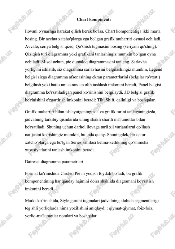 g va bar kabi boshqa turdagi grafikani tanlang. albatta, bitta rasmdagi ikkita turli xil grafikalar yomon ko'rinadi. lekin siz ketma-ket ko'rinishida bu yangi ketma-ket ko'rsatkichni o'chirib qo'yishingiz mumkin, va keyin grafik ekranning bir yoki boshqa turini tanlash uchun foydalanuvchi imkonini beradi. series usullari ko'rsatilgan qiymatlarni belgilash uchun seriyali usullarni qo'llashingiz kerak. keling, faqat uchta asosiy usulni ko'rib chiqaylik: clear usuli barcha ma'lumotlar bir qator tozalash imkonini beradi. qo'shish usuli jadvalga yangi nuqta qo'shish imkonini beradi: parametr avalue-qiymatini ko'rsatadi; parametr alabel-diagrammada va afsonada nomni ko'rsatadi (majburiy emas, bo'sh bo'lishi mumkin: ""); acolor parametri rang. addxy usuli sizga xususiyat grafigiga yangi nuqta qo'shish imkonini beradi: axvalue va ayvalue parametrlari argument va funktsiyaga mos keladi; alabel va acolor parametrlari add usuli bilan bir xil. int a1=155; int a2=251; int a3=203; int a4=404; const pi=3.14159; series1->clear(); series1->add(a1,"tsex 1",clyellow); series1->add(a2,"tsex 2",clblue); series1->add(a3,"tsex 3",clred); series1->add(a4,"tsex 4",clpurple); series2->clear(); series3->clear(); for(int i = 0; i addxy(0.02*pi*i,sin(0.02*pi*i),"",clred); series3->addxy(0.02*pi*i,cos(0.02*pi*i),"",clblue); } …