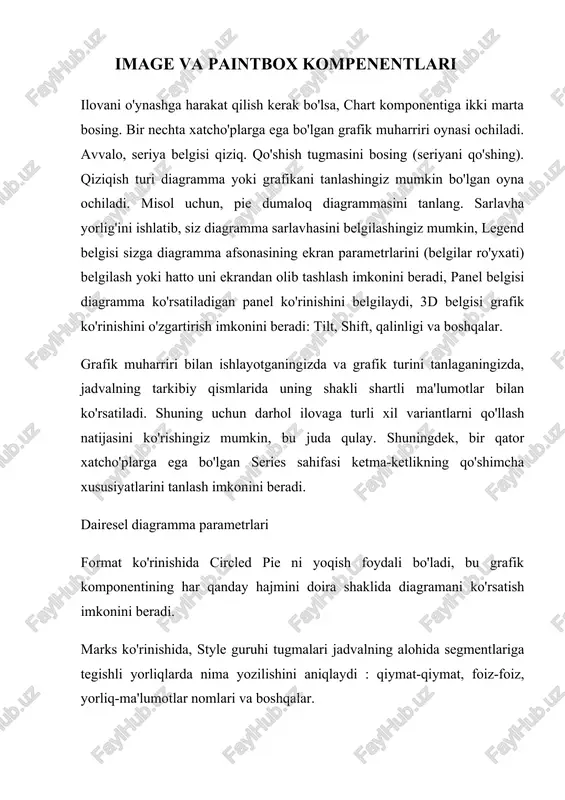 uchun "change" tugmasini bosing va bar kabi boshqa turdagi grafikani tanlang. albatta, bitta rasmdagi ikkita turli xil grafikalar yomon ko'rinadi. lekin siz ketma-ket ko'rinishida bu yangi ketma-ket ko'rsatkichni o'chirib qo'yishingiz mumkin, va keyin grafik ekranning bir yoki boshqa turini tanlash uchun foydalanuvchi imkonini beradi. series usullari ko'rsatilgan qiymatlarni belgilash uchun seriyali usullarni qo'llashingiz kerak. keling, faqat uchta asosiy usulni ko'rib chiqaylik: clear usuli barcha ma'lumotlar bir qator tozalash imkonini beradi. qo'shish usuli jadvalga yangi nuqta qo'shish imkonini beradi: parametr avalue-qiymatini ko'rsatadi; parametr alabel-diagrammada va afsonada nomni ko'rsatadi (majburiy emas, bo'sh bo'lishi mumkin: ""); acolor parametri rang. addxy usuli sizga xususiyat grafigiga yangi nuqta qo'shish imkonini beradi: axvalue va ayvalue parametrlari argument va funktsiyaga mos keladi; alabel va acolor parametrlari add usuli bilan bir xil. int a1=155; int a2=251; int a3=203; int a4=404; const pi=3.14159; series1->clear(); series1->add(a1,"tsex 1",clyellow); series1->add(a2,"tsex 2",clblue); series1->add(a3,"tsex 3",clred); series1->add(a4,"tsex 4",clpurple); series2->clear(); series3->clear(); for(int i = 0; i …