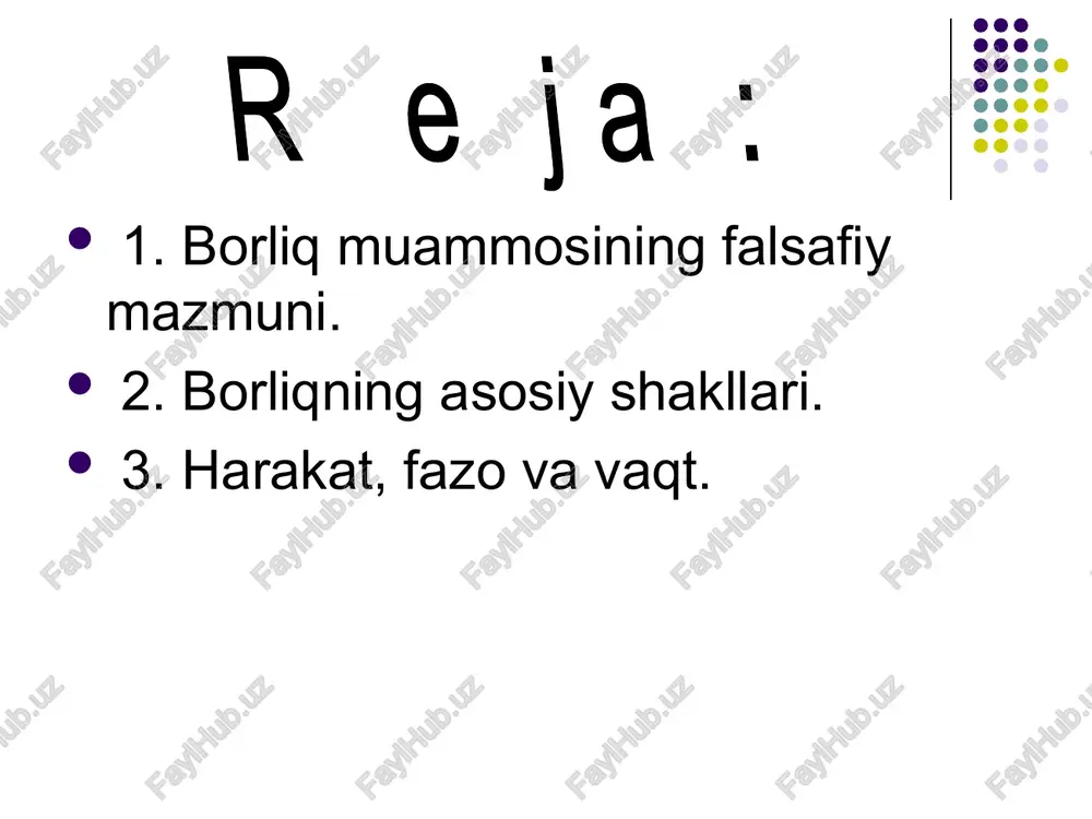 orliq jamiyatning yaxlit moddiy hayotini, moddiy nematlar yaratish va ishlab chiqarish jarayonida kishilar amalga oshiradigan munosabatlarni nazarda tutadi. atribiut - muayyan jismning aynan shu jism ekanligini belgilovchi xususiyatlari uning atribiutlari bo’ladi . borliq atribiutlari deganda – uning ajralmas tub xususiyatlari tushuniladi. harakat fazo vaqt “fazo” va “vaqt” falsafiy va umumilmiy fundamental kategoriyalar sirasiga kiradi. buning sababi shundaki, ular borliqning eng umumiy holatini aks ettiradi va ifodalaydi. borliqning tegishli shakllari va turlariga muvofiq harakat ham moddiy va ma`naviy shaklda yuz berishi mumkin. adabiyotlarda moddiy harakatning quyidagi shakllari mavjudligi qayd etiladi: mexanik harakat, fizik harakat, kimyoviy harakat, biologik harakat, ijtimoiy harakat. alohida insonning va jamiyatning ma`naviy, tafakkur faoliyati bilan boglangan barcha jarayonlar harakatning ideal- ma`naviy shakliga kiradi. har qanday moddiy va ma`naviy ob`ektning mavjudligi uni tashkil etadigan elementlarning o`zaro taosir etishlari tufayli yuz beradi. masalan, atomlar yadro va elektronlar o`rtasidagi muayyan o`zaro taosir tufayli mavjuddir, tirik organizmlarning yashab turishi, borligi - organik …