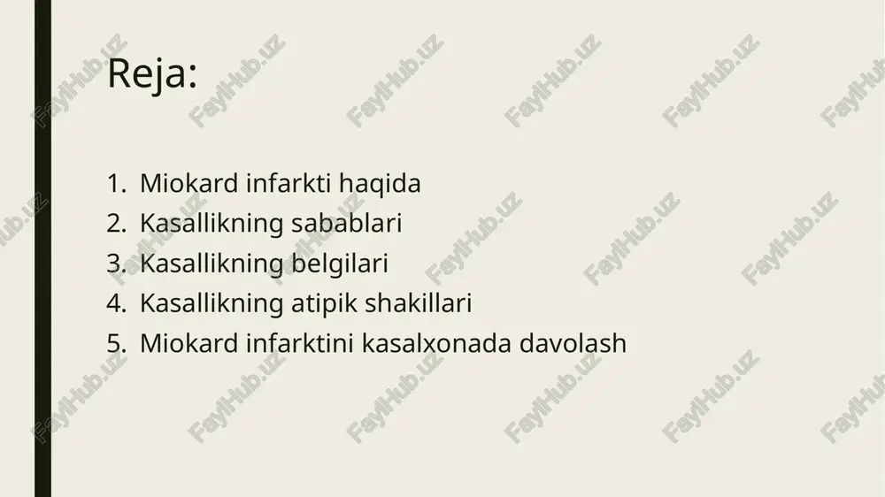 b organlari va tizimlarining ishdan chiqishiga olib keladi. surunkali nikotin bilan zaharlanish natijasida toj arteriyalar torayib ketadi, bu esa miokardda kislorod yetishmasligiga olib keladi. va gap nafaqat faol chekish haqida, balki passiv chekish haqida ham bormoqda. semizlik va gipodinamiya. yog’ almashinuvi buzilganda aterosklerozning rivojlanishi tezlashadi, qandli diabet kasalligi xavfi ortadi. jismoniy yetishmovchilik va kamharakatlik organizmdagi modda almashinuviga salbiy ta’sir qiladi, bu esa ortiqcha vaznning to’planishiga sabab bo’ladi. kasallikning belgilari kasallikning asosiy belgisi bu kuchli og’riqdir. miokard infarkti bilan kechadigan og’riq ko’krak orqasida joylashgan bo’lib, u yonish hissi va xanjar urilgandek tuyuladi, ba’zi bemorlar og’riq «yorib tashlagudek» bo’ladi deya ta’riflaydi. og’riq chap qo’lga, pastki jag’ga, kuraklar orasiga tarqalishi mumkin. ushbu holatning rivojlanishi har doim ham jismoniy zo’riqishdan keyin kelmaydi, ko’pincha og’riq sindromi dam olish vaqti yoki kechqurun yuz beradi. og’riq alomatining tavsiflangan xususiyatlari stenokardiya xurujlarida bo’lganiga o’xshash bo’lsa-da, ularning bir-biridan ajratib turuvchi aniq farqlar bor. stenokardiya xurujidan farqli o’laroq, miokard infarkti …