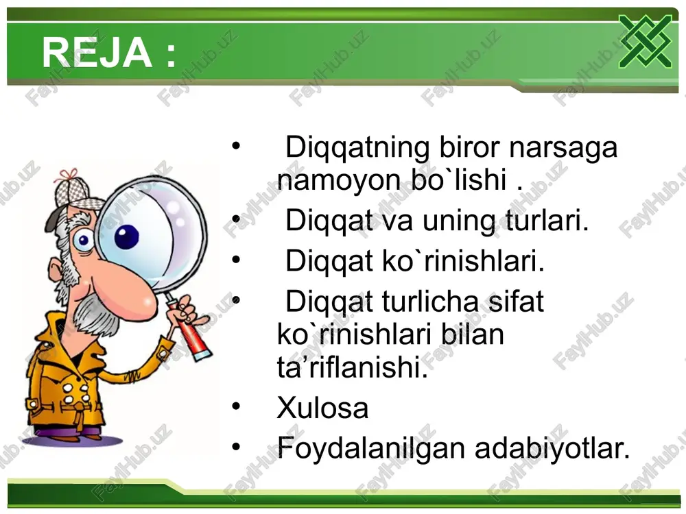 amarador- ligining muhim va zarur sharti. bilish jarayonlari kechishining eng muhim xususiyati uning tanlaydigan, yo'naltirilgan shakldaligidan iborat. tevarak atrofdagi olamning ko'plab ta'sirlari orasidan kishi hamisha nimanidir idrok etadi, nimanidir faraz qiladi, nima haqidadir fikr yuritadi, o'ylaydi. ongning bu xossasini uning diqqat kabi xususiyati bilan o'zaro bog'liq, deb hisoblaydilar. diqqat diqqat individning emotsional, aqliy yoki harakatlantiruvchi faolligi darajasining oshirilishini taqozo etadigan tarzda ongning yo'naltirilganligi va bir narsaga qaratilganligidir. diqqatni ma'lum obyektga qaratish uchun irodaviy kuch, g'ayrat sarflash zarurati ishga tushayotgan paytda, binobarin, qiyinchiliklar paydo bo'lganida, bilishga oid qiziqish susayganida va, shuningdek to'siqlar mavjud bo'lgan kezlarda aniq-ravshan namoyon bo'ladi. ixtiyorsiz diqqat kishining anglashilgan niyatlari va maqsadlaridan mustasno tarzda hosil bo'ladi va qo'llab-quvvatlanadi. ixtiyorsiz diqqatning paydo bo'lishi jismoniy, psixofiziologik va psixik omillar bilan belgilanadi. hosil bo'lish xususiyatiga va amal qilish usullariga ko'ra diqqat- ning ikkita asosiy turi mavjud: ixtiyorsiz diqqat; ixtiyoriy diqqat. ixtiyoriy diqqat ongli ravishda boshqariladigan va tartibga solina- digan diqqat-e'tibordir. ixtiyoriy …