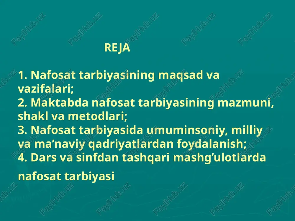 go’zallikka bo’lgan tuyg’uni rivojlantirmay turib, yuqori mehnat madaniyatiga erishib bo’lmaydi. mehnat jarayonida tayyorlangan har bir buyum (tovar)ning ahamiyati, funktsiyasi, zaruriligi insonning tabiiy ehtiyojlarini qondirishi jihatidangina emas, balki uning qanchalik go’zallygi bilan ham baholanadi go’zallik bu hayotning o’zi, tabiat hamda inson mehnati natijalari, insoniy munosabatlarning mukam — malligidir. nafosat bilimlari aniq tarbiyaviy ishlar — tanlov, viktorina, bayram, ko’rgazma va hokazolarni tashkil etish asosida hosil qilinadi. o’quvchilar o’z qobiliyatlarini turli xil badiiy — ijodiy faoliyatlarda namoyon etadilar. kichik yoshda «barcha bolalar istes’nosiz rasm soluvchilardir» (k.d.ushinskiy), «har bir bola — shoir» (v..suxomlinskiy). nafosat ongi nafosat his-tuyg’usi nafosat idroki nafosat bilimi nafosat mulohazasi nafosat bahsi nafosat ideali nafosat tarbiyasining vazifalari quyidagilardan iboratdir: o’quvchilarda nafosat his — tuyg’usi, fikr — mulohaza, didni tarbiyalash, ularning ijodiy kobiliyatlari. go’zallikni sevishga bo’lgan hayotiy ehtiyojini o’stirishdan iborat. kishilar go’zallikni idrok qilish qobiliyatiga ega bo’lganliklari uchun hayajonlanish, qo’yg’urish, darg’azab bo’lish, quvonish, zavqlanish kabi his — tuyg’ularni boshdan kechiradilar. bundan tashqari …