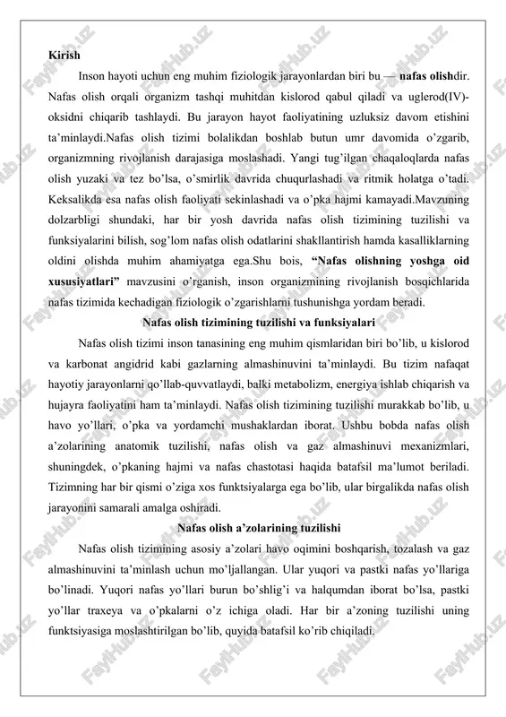 olarining tuzilishi nafas olish tizimining asosiy a’zolari havo oqimini boshqarish, tozalash va gaz almashinuvini ta’minlash uchun mo’ljallangan. ular yuqori va pastki nafas yo’llariga bo’linadi. yuqori nafas yo’llari burun bo’shlig’i va halqumdan iborat bo’lsa, pastki yo’llar traxeya va o’pkalarni o’z ichiga oladi. har bir a’zoning tuzilishi uning funktsiyasiga moslashtirilgan bo’lib, quyida batafsil ko’rib chiqiladi. burun bo’shlig’i burun bo’shlig’i nafas olish tizimining eng birinchi va eng muhim qismidir. u yuz suyaklarining ichki bo’shlig’ini tashkil etib, ikki qismga bo’linadi: tashqi burun bo’shlig’i va ichki burun bo’shlig’i. tashqi burun bo’shlig’i burun suyaklari va xaftlar bilan qoplangan bo’lib, havoni tashqi muhitdan ichki bo’shliqqa o’tkazadi. ichki burun bo’shlig’i esa septum (burun bo’linuvchi devor) bilan ajratilgan bo’lib, uning yuzasi mukozali epiteliy bilan qoplangan. bu epiteliy tomchilar (siliy tomchilari) bilan boyitilgan bo’lib, havodagi chang, bakteriyalar va boshqa zararli zarralarni ushlab qoladi.burun bo’shlig’ining ichki devorlari turbinatlar (burun qariyalari) deb ataluvchi uchta juft suyak plitalar bilan bezatilgan. ularning vazifasi havoni …