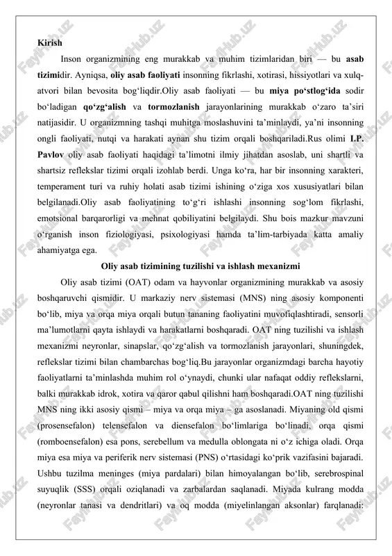 sosiy qismi – miya va orqa miya – ga asoslanadi. miyaning old qismi (prosensefalon) telensefalon va diensefalon bo‘limlariga bo‘linadi, orqa qismi (romboensefalon) esa pons, serebellum va medulla oblongata ni o‘z ichiga oladi. orqa miya esa miya va periferik nerv sistemasi (pns) o‘rtasidagi ko‘prik vazifasini bajaradi. ushbu tuzilma meninges (miya pardalari) bilan himoyalangan bo‘lib, serebrospinal suyuqlik (sss) orqali oziqlanadi va zarbalardan saqlanadi. miyada kulrang modda (neyronlar tanasi va dendritlari) va oq modda (miyelinlangan aksonlar) farqlanadi: kulrang modda ma’lumotni qayta ishlaydi, oq modda esa tez uzatishni ta’minlaydi. glial hujayralar (oligendrotsitlar, astrotsitlar va mikrogliya) neyronlarni qo‘llab-quvvatlaydi: oligodendrotsitlar miyelin qobiq hosil qiladi, astrotsitlar esa metabolitlarni tozalaydi va ion muvozanatini saqlaydi. oat ning ishlash mexanizmi elektrokimyoviy signallar – asab impulslarining uzatilishi – ga asoslangan bo‘lib, bu impulslar sinapslarda qo‘zg‘alish yoki tormozlanish shaklida uzatiladi. ushbu mexanizm organizmdagi barcha jarayonlarni – nafas olishdan tortib, murakkab fikrlashgacha – muvofiqlashtiradi. oat ning evolyutsion rivojlanishi ham e’tiborga loyiq: baliq va …