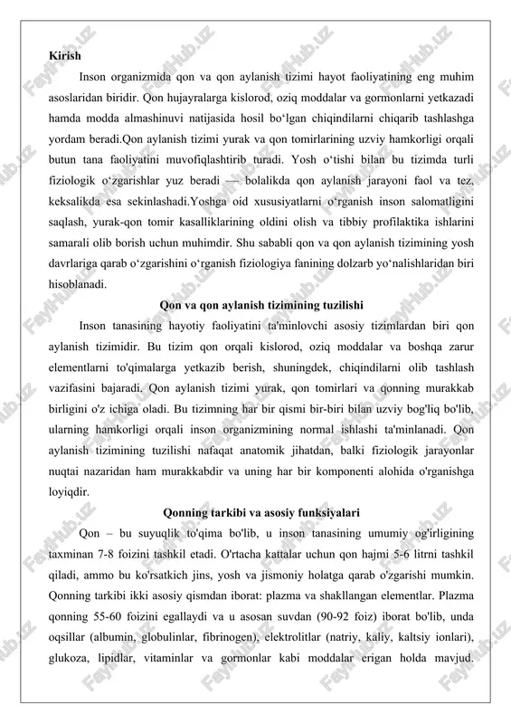 acha kattalar uchun qon hajmi 5-6 litrni tashkil qiladi, ammo bu ko'rsatkich jins, yosh va jismoniy holatga qarab o'zgarishi mumkin. qonning tarkibi ikki asosiy qismdan iborat: plazma va shakllangan elementlar. plazma qonning 55-60 foizini egallaydi va u asosan suvdan (90-92 foiz) iborat bo'lib, unda oqsillar (albumin, globulinlar, fibrinogen), elektrolitlar (natriy, kaliy, kaltsiy ionlari), glukoza, lipidlar, vitaminlar va gormonlar kabi moddalar erigan holda mavjud. plazmaning bu tarkibi qonning suyuqligini saqlash va osmotik bosimni tartibga solishga xizmat qiladi. masalan, albumin plazmaning kolloid osmotik bosimini ta'minlab, to'qimalarga suvning chiqib ketishini oldini oladi, globulinlar esa immunitet tizimida muhim rol o'ynaydi.shakllangan elementlar qonning 40-45 foizini tashkil etadi va ular qizil qon hujayralari (eritrotsitlar), oq qon hujayralari (leukotsitlar) va qon ivishini ta'minlovchi plitkalardan (trombotsitlar) iborat. eritrotsitlar – qonning eng ko'p uchraydigan hujayralari bo'lib, ularning soni bir millimetr kubda 4,5-5,5 million atrofida. ularning asosiy vazifasi kislorodni o'z ichiga olgan gemoglobin orqali to'qimalarga yetkazib berish va karbonat angidridni …
