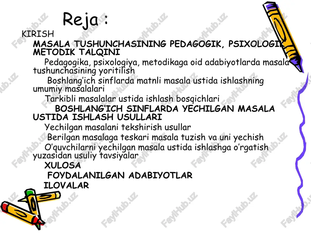 anlik darajasi. o’quv topshiriqlarining bir ko’rinishi masala – o’quvchi o’quv-biluv faoliyatini faollashtiruvchi bir vositadir. psixologiya tadqiqotlarida o’quvchi o’quv-biluv faoliyatini faollashtirish muammosi juda ko’plab olimlarning ishlarida o’z ifodasini topgan. masalani tekshirishning usullari metodik adabiyotlarga keltrilgan, ammo boshlang’ich sinf o’quvchilari o’quv-biluv faoliyatini faollashtirishga yo’nalgan yechilgan masala ustida ishlash usullari atroflicha o’rganilmagan. tadqiqot ishini bajarishdan maqsad: boshlangich sinf o’quvchilarini yechilgan masala ustida ishlashga o’rgatish orqali ularning o’quv faoliyatini faollashtirish va bu borada usuliy tavsiyalar tayyorlash. tadqiqot ishini amalga oshirish uchun quyidagi vazifalar belgilandi matnli masala tushunchasining pedagogik, psixologik, metodik talqinini yoritish tarkibli masalalar ustida ishlash bosqichlarini umumiy jihatdan asoslash boshlang’ich sinflarda yechilgan masala ustida ishlash usullarini asoslash tadqiqot mavzusi yuzasidan usuliy tavsiyalar tayyorlash va tajribada sinash tadqiqot obyekti: boshlang’ich sinflarda matematika ta’limi jarayoni. tadqiqot predmeti: boshlang’ich sinflarda matematika darslarida masala, uning ustida ishlash usul, vositalari. bitiruv-malakaviy ishni yozishda quyidagi faraz ilgari surildi: agar o’quvchi matnli masala ustida ishlash bo’yicha, yetarli bilim, malaka va …