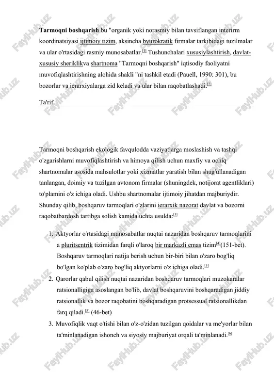 di. bir tomondan, tarqatish orqali samaradorlik oshiriladi bilimlarni egallash va markazlashmagan muammolarni hal qilish; ikkinchidan, faoliyatning o'zini o'zi boshqaradigan turli sohalarida global muammolarni jamoaviy echimlari paydo bo'lishi orqali samaradorlik yaxshilanadi.[2] zamonaviy jamiyatning tez sur'atlari va raqobatdosh bosimlari tufayli globallashuv, transmilliy tarmoqni boshqarish mashhurlikka erishdi.[7] tarmoqni boshqarish birinchi navbatda qisqa va uzoq muddatli global biznes xatarlarini tushunishga bog'liq. ning ta'rifiga asoslanadi it asosiy maqsadlar va ularning tarmoqqa ta'siri. u biznes yo'nalishlari uchun qondirish mezonlarini muhokama qilishni o'z ichiga oladi va global samaradorlik va oxirgi foydalanuvchining qoniqishini o'lchash va yaxshilash jarayonlarini birlashtiradi. bundan tashqari, bu ichki jamoalar va tashqi sheriklarning konstitutsiyasi va sinovlaridan o'tishi, shuningdek, butun ishlashni tasdiqlash imkoniyatini beradigan boshqaruv tizimini yaratishga imkon beradi. va nihoyat, u har xil boshqaruv darajalarida doimiy aloqani ta'minlaydi. in davlat sektori, tarmoq boshqaruvi barcha davlat boshqaruvi mutaxassislari tomonidan ijobiy rivojlanish sifatida qabul qilinmaydi. ba'zilar uning etarli darajada bajarish qobiliyatiga shubha qilishadi demokratik boshqaruv tuzilishi boshqalar …