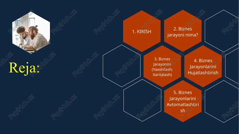 ring loyiha va takliflarni osongina tasdiqlang qoidalarga rioya qilishni ta'minlash xatarlarni boshqarishni takomillashtirish. keling, biznes jarayonining beshta belgilovchi xususiyatlarini ko'rib chiqaylik. biznes jarayoni 1. davomiyligi 2. qayta takrorlanadigan 3. qiymat 4. yaxshilash 5. dasturiy ta'minot biznes jarayoning 5 xil turi 1. davomiyligi biznes-jarayon belgilangan bosqichlar soni bilan bir qatorda belgilangan boshlanish va yakuniy nuqtaga ega. 2. qayta takrorlanadigan biznes jarayonlari takrorlanadigan va oldindan aytib bo'ladigan. biznes jarayoni turli odamlar tomonidan bir necha marta bajarilishi va bir xil natijalarni berishi mumkin. yangi xodimlar ham xuddi shunday kutib olinadi. yangi etkazib beruvchilar bir xil tekshirish jarayonidan o'tadilar. 3. qiymat biznes jarayoni tashkilotga qiymat qo'shishi kerak, bu esa jamoalar bo'ylab samaradorlik va samaradorlikni oshirishga yordam beradi. biznes jarayonining har bir bosqichi foydalanilganda ushbu jarayonning umumiy muvaffaqiyatiga hissa qo'shishi kerak. keraksiz qadamlar uchun joy yo'q. 4. yaxshilash belgilanganidan so'ng, natijalarni yaxshilash uchun biznes jarayonlarini optimallashtirish oson, masalan, yangi xodimga og'zaki taklif o'rtasidagi yakuniy shartnomani …