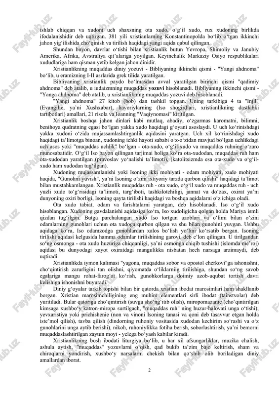 n» so‘zidan iborat bo‘lib, nasroniylikda «evangelie» deb yuritiladi. ma’nosi «ilohiy xabar», «xushxabar», «ezgu xabar» demakdir. bu dinni islomda nasroniylik deyilishi iso masixning tug‘ilgan yeri nosira nomi bilan bog‘liq. bu shahar ahli iso masixni nosiriy deb atar edilar. unga ergashgan kishini esa, nasroniy deb yuritganlar. iso masix 30 yoshidan boshlab, 3 yil davomida payg‘ambarlik faoliyatini olib borgan. isoning yangi dinni targ‘ib qilishdagi muvaffaqiyatlaridan darg‘azab bo‘lgan quddus kohinlari va ruxoniylari uni sudga berishga qaror qiladilar. ushlab olingan iso o‘lim jazosiga xukm etiladi. quddus ahli isoni e’tirof etmay, uni toshbo‘ron qiladilar. iso galgofa tog‘ida qiynab o‘ldiriladi. uni juda katta yog‘och xoch (sanam)ga tiriklayin mixlab tashlaydilar. rivoyat kilinishicha, o‘limining uchinchi kuni iso tirilib, birmuncha vaqt davomida o‘z shogirdlari bilan birga bo‘ladi. shundan so‘ng u ularning ko‘z o‘ngida osmonga chiqib ketadi. u kelajakda, ya’ni oxirat kuni tiriklar va o‘liklar ustidan xukm chiqarish uchun yerga qaytib kelishiga xristian diniga e’tiqod qiluvchilar ishonadilar. xristianlikdagi odam-xudo to‘g‘risidagi tushunchani …