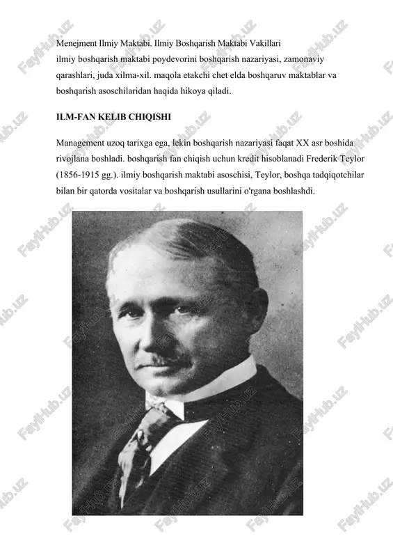 a teylora chop etilgan "ilmiy boshqarish asoslari", yangi ilm-fan sohasida tadqiqotlar uchun asos - boshqarish. management science teylor (1885-1920 biennium) maktabi. otasi zamonaviy boshqarish frederik teylor taklif va ish oqilona tashkil qonunlarini kodlangan. yordami bilan, u ish o'rganish kerak tadqiqot g'oyasini rad ilmiy yo'llar bilan. · teylorning yangiliklar motivatsiya, samaradorligi, ish haqi, dam olish va ishlab chiqarish, vaqt, tartibga solish, professional tanlash va kadrlar tayyorlash, ish qoidalar kartalar chiqarilishini tanaffuslar usullari mavjud. · birgalikda teylor izdoshlari bilan kuzatuvlar, o'lchov va tahlil foydalanish qo'l mehnatidan osonlashtirish va yanada mukammal qilish uchun yordam beradi, deb isbotladi. bajarilayotgan kodlari va standartlarni joriy etish yanada samarali xodimlarga ish haqi oshirish imkonini berdi. · maktab tarafdorlari inson omili keragi yo'q edi. kirish yo'llari samaradorlikni oshirish ishchilar g'ayrati oshirish uchun imkon targ'ib qilish. · teylor, mehnat amaliyotlarini parchalandi haqiqiy ish ma'muriy vazifalarini (tashkil etish va rejalashtirish) ajratilgan. ilmiy boshqarish maktabi vakillari ma'muriy vazifalari, bu mutaxassisligi odamlar …