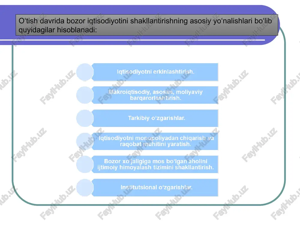tisodiyoti barqaror amal qilayotgan mamlakatlarda ham tez-tez o‘tkazilib turadi. bu yo‘nalishning muhim ahamiyati shundan kelib chiqadiki, ma’muriy-buyruqbozlik tizimining inqirozi eng avvalo va kuchli ravishda moliyaviy sohada, ayniqsa yuqori inflyatsiya shaklida namoyon bo‘ladi. inflyatsiyaning uzoq vaqt mavjud bo‘lishi bozor munosabatlarining normal qaror topishiga to‘sqinlik qiladi, shuning uchun uni bartaraf etish o‘tish davri iqtisodiyoti uchun o‘ta muhim hisoblanadi. makroiqtisodiy barqarorlashtirish chora-tadbirlari tizimiga pul emissiyasini cheklash, davlat byudjeti taqchilligini qisqartirish, ijobiy foiz stavkasini ta’minlash va boshqalar kiradi. 6. bozor xo‘jaligiga mos bo‘lgan aholini ijtimoiy himoyalash tizimini shakllantirish. bu tizim aholining nisbatan muhtoj qatlamini aniq ijtimoiy qo‘llab-quvvatlashga o‘tishga yo‘naltirilgan. bozor tizimining ko‘rsatib o‘tilgan asosiy unsurlarini shakllanishining yakuniga yetishi o‘tish davri tugaganligidan darak beradi. iqtisodiyotni tubdan isloh qilishga prezidentimiz i.karimov tomonidan ishlab chiqilgan quyidagi beshta muhim tamoyil asos qilib olingan: iqtisodiy munosabatlar va tashkiliy-boshqaruv tuzilmalarining bir turidan butunlay boshqa yangi turiga o‘tish, iqtisodiy islohotlar strategiyasini ishlab chiqish va uning asosiy yo‘nalishlarini aniqlab olishni taqozo qiladi. …