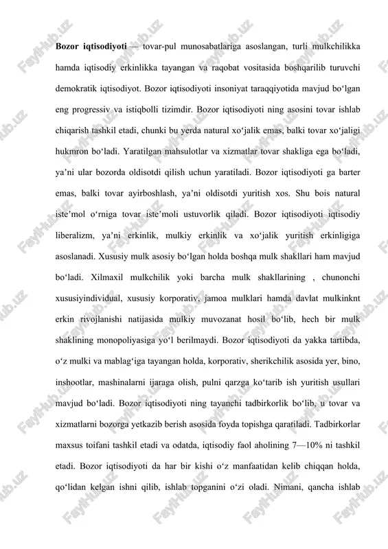 nimani, qancha ishlab chiqarish, uni qayerda va necha puldan sotilishini bozorda talab belgilaydi. bozordagi narx talabdan kelib chiqqan holda talab — taklif nisbati asosida shakllanadi. bozor iqtisodiyoti iqgisodiy subʼyektlar alohidalashganidan ular manfaati toʻqnashadi va shunday sharoitda raqobat paydo boʻladi. raqobat bozor iqtisodiyoti ni harakatga soluvchi kuch, uning rivojlanishini taʼminlovchi mexanizm hisoblanadi. bozor iqtisodiyoti boshqarishning iktisodiy usullariga tayanadi. bozor mexanizmi iqtisodiy ragʻbatlantirish mexanizmi boʻlib, uning asosiy vositasi puldir. pul topishga intilish tovar va xizmatlarni koʻplab hamda sifatli qilib ishlab chiqarishni taʼminlaydi. bozor iqtisodiyoti da pul boylikning umumiy va eng qulay shakliga — hammabop iqtisodiy aloqalar vositasiga aylanadi. bozor iqtisodiyoti da boy boʻlish man etilmaydi, aksincha, unga yoʻl ochib beriladi, daromadning yuqori chegarasi boʻlmaydi, ammo uning quyi chegarasini davlat belgilaydi va ishlovchilar mehnatiga beriladigan haq belgilangan eng kam ish haqilan past boʻlishi mumkin emas. bozor iqtisodiyoti tovar taqchilligi boʻlmagan, tovarlar moʻlkoʻlligi taʼminlanadigan iqtisodiyotdir. bozor iqtisodiyoti ga xos yana bir belgi — bu …