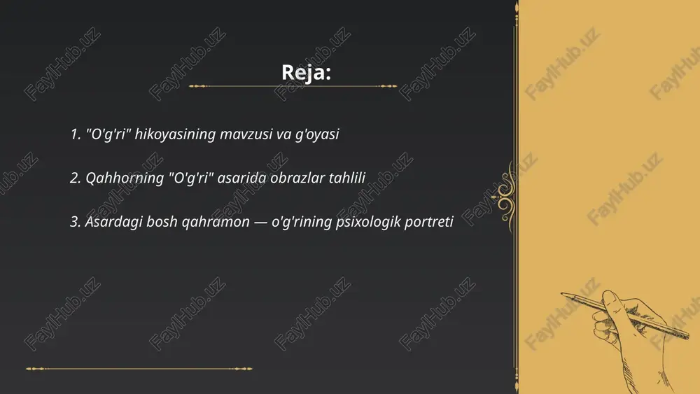 shsizlik, tengsizlik va ijtimoiy himoya yo'qligi shaxsni o'g'ri ishlarga undaydi. shaharlashuv, oilaviy bo'linish, ma'rifat yetishmasligi va jamiyatdagi beparvolik bosh qahramonning nafratini va umidsizligini kuchaytirib, muqobil yo'llarni yopadi. muallif jinoyatni individual ayb emas, balki ijtimoiy sharoit mahsuli sifatida ko'rsatadi. ... t.me/slaydai_bot abdulla qahhorning 'o'g'ri' hikoyasida axloqiy dilemma qahramonning jinoyatga majbur bo‘lishi va ichki iroda kurashi bilan bog‘liq. u hayotiy zarurat va jamiyat beparvoligi tufayli aybdorlikni tan oladi yoki tan olmaslik orasida qolasiz. iymon masalalari: diniy va insoniy vazifalar ruhiy hamda axloqiy yengillik yoki savob izlashga undaydi. hikoya jinoyat sabablari, jazoni qabul qilish, tavba va ijtimoiy adolat mavzularini o‘rganadi. ... t.me/slaydai_bot 6. asarning syujeti va strukturasi. syujet: realistik asosda, markazida o'g'ri voqeasi, tashqi voqealar va qahramonning ichki ziddiyati mavjud; boshlanishida qahramon va muhit tanishtiriladi, rivojlanishda o'g'rilik hodisasi va uning ijtimoiy-axloqiy oqibatlari tasvirlanadi, cho'qqida qahramonning qarori yoki fojia ko'rsatiladi, yechimda muallifning axloqiy xulosasi beriladi. struktur: asosan lineer kronologiya, epizodik bo'limlar, ichki monolog va …