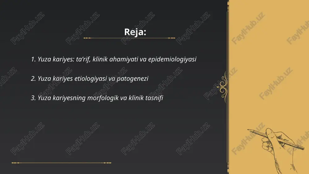 emal kavitatsiyasi; 3) dentin ishtirok etgan kavitatsiya; 4) komplikatsiyalashgan (pulpaga yaqin). klinika boʻyicha: 1) aktiv (tez rivojlanuvchi, yumshoq, sezuvchanlik, ogʻriq); 2) surunkali (sekin, qattiq, kam simptomli, pigmentlangan). diagnostika: vizual, sond bilan tekshirish, radiografiya, simptomlar va kasallik tarixi asosida. ... t.me/slaydai_bot 4. oʻtkir yuza kariyes: klinik belgilari va rivojlanish mexanizmi yuza kariyesning o'tkir shakli tez rivojlanadi; boshlang'ich belgilari: yengil sezgirlik, shirin yoki sovuqqa og'riq, emal yuzasida oppoq dog' yoki shaffoflamaslik va yumshoq eroziv maydon. mexanizm: stomatogen mikrobial plaka (streptococcus mutans, lactobacillus) tomonidan uglevodlardan kislota ishlab chiqarilishi, emal minerallarining demineralizatsiyasi, emal oq dogʻdan pigmentatsiyalangan besoʻshlikka va keyin kavitatsiyaga oʻtishi. tez rivojlanganida dentin shikastlanishi va pulpa yalligʻlanishi xavfi mavjud. ... t.me/slaydai_bot surunkali yuza kariyes odatda sekin kechadi. klinik belgilariga silliq, mat, ochdan quyuq jigarrang ranggacha o'zgarish; emal yuzasining demineralizatsiyasi, ko'pincha chuqurlashmagan yoki yengil kavitatsiya; chekkalari silliq va aniq; og'riq odatda yo'q yoki minimal, issiq, sovuq yoki shirin ta'sirda sezgirlik bo'lishi mumkin. sekundar dentin …