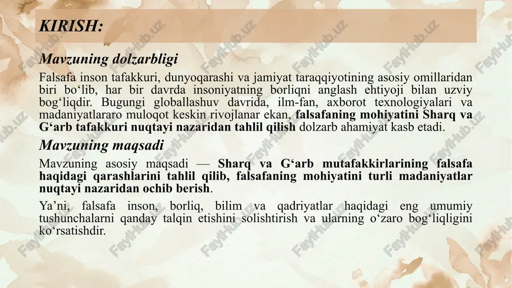 olikka muhabbat” degan ma’noni bildiradi.falsafa insonni o‘zligini anglashga, hayot ma’nosini izlashga, ilmiy va axloqiy qadriyatlarni tushunishga o‘rgatadi. falsafa inson tafakkurining eng yuksak shakli bo‘lib, u borliq, inson, ong, bilim va qadriyatlar haqidagi eng umumiy qonuniyatlarni o‘rganadi. falsafa so‘zi yunoncha “philo” — sevish va “sophia” — donolik so‘zlaridan olingan bo‘lib, “donolikka muhabbat” degan ma’noni anglatadi. insoniyat tarixida sharq va g‘arb mutafakkirlari falsafaning mohiyatini turlicha talqin qilganlar. ularning qarashlarini o‘rganish inson tafakkurining rivojlanish bosqichlarini, ma’naviy va ilmiy tafakkur uyg‘unligini anglashga yordam beradi. sharq falsafasi insonni kamolot sari yetaklovchi ma’naviy-axloqiy yo‘l sifatida talqin etilgan. sharq allomalari falsafani inson qalbi va ruhini tarbiyalovchi, haqiqatga eltuvchi bilim deb bilganlar. abu nasr forobiy falsafani “narsalarning eng umumiy sabab va mohiyatlarini bilishga qaratilgan ilm” deb ta’riflaydi. uningcha, falsafa insonni haqiqatni anglashga, adolatli jamiyat qurishga undaydi. abu ali ibn sino falsafani “borliqning mohiyati va sabablarini aql orqali o‘rganadigan fan” sifatida tushuntiradi. unga ko‘ra, falsafa barcha fanlarning onasi bo‘lib, …