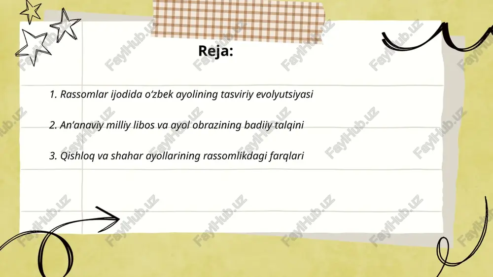 tallar farqlari. ... t.me/slaydai_bot 4. sovet davri rassomlarining oʻzbek ayoliga yondashuvi sovet davri rassomlari oʻzbek ayolini sotsialistik realizm doirasida idealizatsiya qilib tasvirladilar. 1920-1950-yillarda mehnatkash, kollektivlashgan, ishlab chiqarish va tarbiya ramzi sifatida koʻrsatildi. milliy libos, amaliy mehnat, ona va bolalar mavzulari aks ettirildi. 1960-1980-yillarda esa urbanizatsiya, taʼlim va kasb tanlashi orqali yangi rol modellar paydo boʻldi. ayol obrazida ideologik va milliy elementlar uygʻunligi muhim edi. ... t.me/slaydai_bot mustaqillik davrida rassomlar yangi ayol obrazlarini erkinlik, mustaqillik va shaxsiy o‘zligini ifodalovchi ramz sifatida tasvirlashdi. bu obrazlarda professional va ijodkor ayol, shahar va xalqaro muhitda faol ishtirok etuvchi zamonaviy ayol, siyosiy va ijtimoiy faollik ko‘rsatuvchi figuralar, oilaviy va anʼanaviy rollarning qayta talqini, milliy kiyim va zamonaviy moda uyg‘unligi, rang va kompozitsiyada yangicha estetika hamda metaforik belgilar orqali o‘z aksini topdi. ... t.me/slaydai_bot milliy va islomiy unsurlar orqali yaratilgan ayol obrazlari rassomlarda milliy kiyim, naqsh va bosh kiyim orqali ifodalanadi. odatda atlas, adras, suzani motiflari, …