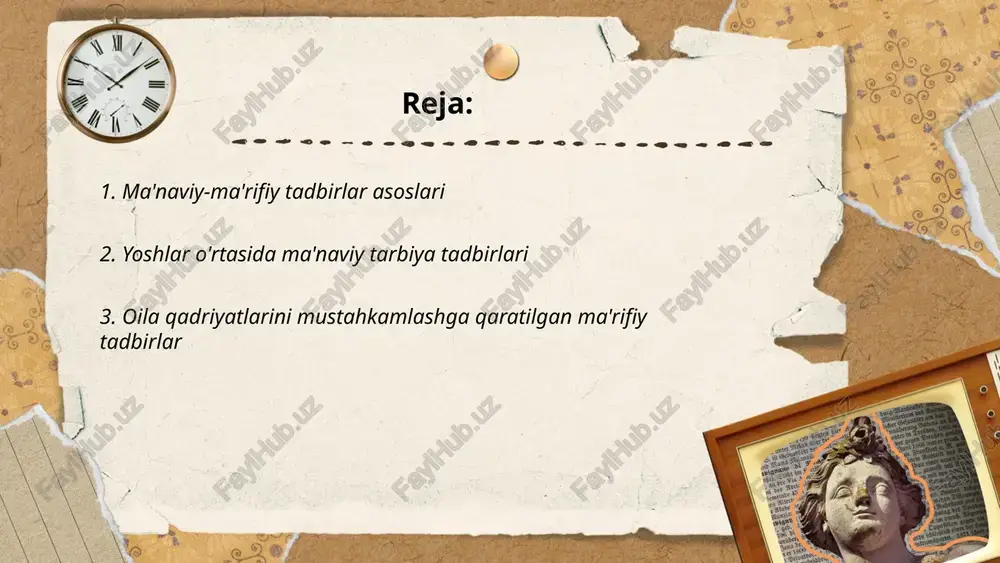 ustaxonalari, anʼanaviy raqs va ashula festivallari, milliy taomlar bayramlari, ota‑ona va oʻgʻil‑qizlar uchun avlodlararo suhbatlar, maktab va mahalla darslari, tarixiy-madaniy yodgorliklarga ekskursiyalar, hunarmandchilik ko‘rgazmalari va tanlovlar tashkil etiladi. oʻquv seminarlar, mahorat darslari, muzeylar bilan hamkorlik, ommaviy axborot vositalari uchun tematik loyihalar va raqamli kontent orqali qadriyatlarimiz targʻib qilinadi. ... t.me/slaydai_bot 1. ma'naviy darslar va vatan tarixiga bag'ishlangan konferensiyalar. 2. tarixiy yodgorliklarga ekskursiyalar va muzey turlari. 3. fuqarolik huquqlari va majburiyatlari bo'yicha seminarlar. 4. vatanparvarlik mavzularida adabiy kechalar va she'r o'qishlari. 5. yoshlar forumi, liderlik va ijtimoiy loyihalar tanlovlari. 6. ko'ngilli xizmat va mahalla-iqlim dasturlari orqali amaliy tarbiya. 7. milliy ramzlar, davlat tuzilishi va qonunlar haqida targ'ibot. 8. sport-musobaqalar va jamoaviy aksiya tadbirlari. ... t.me/slaydai_bot axloqiy-odob tarbiyasiga bagʻishlangan ma'naviy mashgʻulotlar maqsadi: axloqiy qadriyatlarni mustahkamlash, odob-axloq qoidalarini o'rgatish va roʻyhatga olish. usullar: ma'ruza, muhokama, dramatizatsiya, rolli oʻyin, misol va tarbiyaviy hikoyalar. mavzular: halollik, mehr-oqibat, hurmat, mas'uliyat, javobgarlik, mehnatsevarlik. maqsadli guruh: 6-18 yoshlar, …