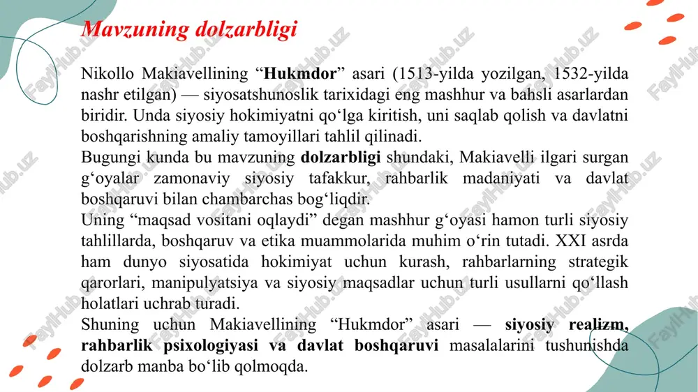 uni saqlab qolish va boshqarish haqidagi fikrlarini o‘rganish. makiavellining siyosiy realizm g‘oyasini tahlil etish — u axloqiy qadriyatlardan ko‘ra, natijaga e’tibor berganini izohlash. asarda ilgari surilgan “maqsad vositani oqlaydi” tamoyilining mazmunini va bugungi siyosiy hayotdagi o‘xshash jihatlarni aniqlash. zamonaviy rahbarlik, siyosiy boshqaruv va davlat barqarorligi nuqtai nazaridan makiavelli g‘oyalarining ahamiyatini baholash. asarning falsafiy va axloqiy jihatlarini o‘rganish — hokimiyat, adolat, xalq, erkinlik tushunchalarining qanday talqin qilinganini tahlil qilish. asosiy qism: makiavellining hayoti va ijodi haqida qisqacha nikollo makiavelli (1469–1527) — italyan faylasufi, siyosatchi, yozuvchi va tarixchi bo‘lib, uyg‘onish davri siyosiy tafakkurining eng yirik vakillaridan biridir. u florensiyada tug‘ilgan va o‘z davrida davlat ishlarida faol ishtirok etgan. makiavelli turli diplomatik vazifalarda ishlagan, italiya shahar-davlatlaridagi siyosiy o‘zgarishlarni yaqindan kuzatgan. aynan shu tajriba unga siyosatni hayotiy, real nuqtai nazardan tahlil qilish imkonini berdi. “hukmdor” asarining yaratilish tarixi makiavelli 1513-yilda siyosiy lavozimidan chetlashtirilgach, o‘zining eng mashhur asari — “il principe” (“hukmdor”)ni yozadi. asar 1532-yilda, …
