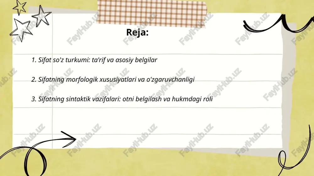 predmet bilan bog‘liq modda, vaqt yoki joyni ko‘rsatadi (temir, kechki). 3) miqdoriy — miqdor yoki sonni bildiradi; unda soniy (bir, ikki) va tartibiy (birinchi, ikkinchi) turlari bor. 4) o‘lchovli — hajm, daraja yoki o‘lchovni bildiradi (katta, kichik, uzoq). ... t.me/slaydai_bot tafsiliy (sifatli) sifatlar predmetning tashqi va ichki xususiyatlarini aks ettiradi. 1 tashqi xususiyatlar: rang, hajm, shakl, yuzaki holat masalan qizil, katta, yumaloq, silliq. 2 ichki xususiyatlar: sifat, xulq, hissiyot, mavhum holatlar masalan mehribon, aqlli, baxtli, qatʼiy iroda. ular qanday yoki qanaqa savollariga javob beradi, ot bilan kelishib gapda belgilovchi rolini bajaradi va ko‘pincha qo‘shimchalar bilan shakllanadi. ... t.me/slaydai_bot nisbiy (munosabat) sifatlar predmetga oidlikni bildiradi. ular odatda otlardan hosil bo‘lib, -li, -lik, -iy, -viy, -gi kabi qo‘shimchalar yordamida yasaladi. nisbiy sifat predmetning materiali, joyi, vaqti yoki maqsadini ko‘rsatadi. misollar: yog‘ochli stol, temirli eshik, yozgi ta'til, maktab darsligi, shifoxonaviy yordam, shahar markaziy binosi. nisbiy sifatlar predmetning xususiyatidan ko‘ra uning munosabatini ifodalaydi. ... …