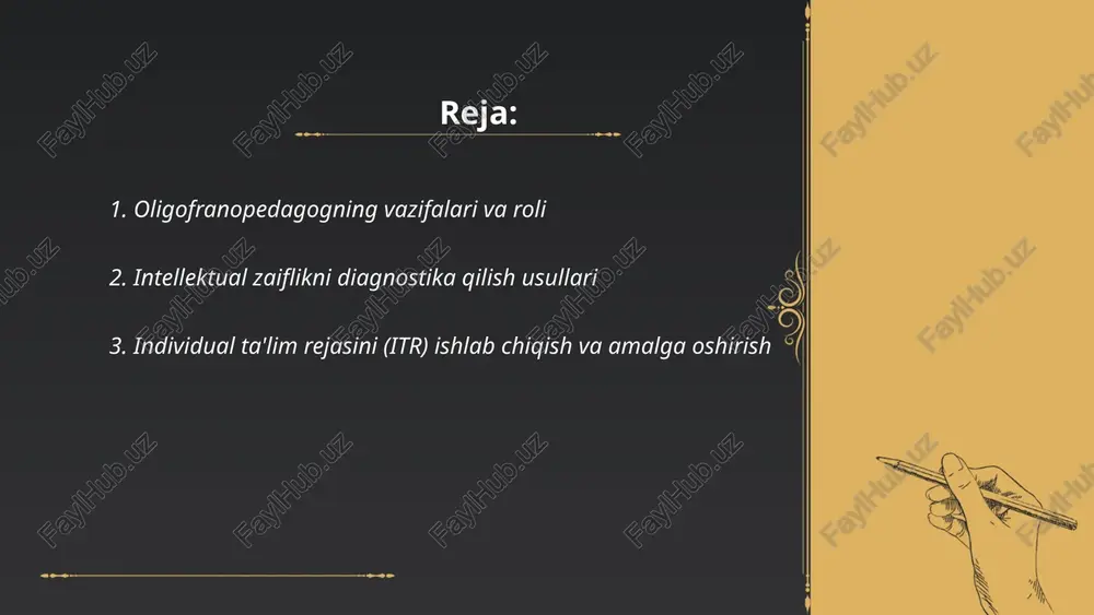 tirilgan. 2. individualizatsiyalangan dars rejalari va differensial vazifalar. 3. bosqichma-bosqich murakkablik va kichik qadamlar. 4. vizual va amaliy materiallar ustunligi. 5. multisensorli metodlar va qaytarishlar kuchi. 6. qisqa, aniq topshiriqlar va o‘lchovli natijalar. 7. oilaviy va jamiyat muhitiga integratsiya. 8. baholash progressga yo‘naltirilgan. 9. xavfsizlik va axloqiy me’yorlarga rioya. ... t.me/slaydai_bot 1. individual rehabilitatsiya rejasini ishlab chiqish va individual darslar. 2. guruhli korrektsiya mashgʻulotlari orqali ijtimoiy ko'nikmalarni rivojlantirish. 3. nutq terapiyasi va logopedik mashqlar. 4. psixomotor va sensor integratsiya mashqlari. 5. ta'limni adaptatsiyalash va maxsus didaktik materiallar. 6. xulq-atvorni modifikatsiya qilish va ijobiy mustahkamlash. 7. ota-ona bilan hamkorlik va uy sharoitida davom ettirish. 8. monitoring, baholash va natijalarni qayta ko'rib chiqish. ... t.me/slaydai_bot til va nutqni rivojlantirish metodikasi oligofranapedagogiyada individualizatsiya, diagnostika va rejalashtirishga asoslanadi. baholashda 1) fonetik-fonologik, 2) leksik-morfologik, 3) sintaktik-pragmatik komponentlar o‘lchanadi. mashg‘ulotlar 3–5 marotaba/hafta, 20–45 daqiqa davom etadi. usullar: multisensorli trening, artikulyatsiya va nafasingni o‘rgatish, fonemani ajratish, lug‘atni …