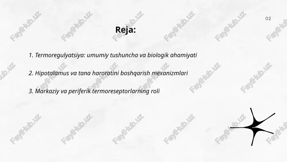 i kengaytirish, terlash va yurak chiqishini oshirish orqali javob beradi. turlarga qarab terlash tezligi 1–2 l/soat gacha yetishi mumkin; suvsizlanish issiqlik barqarorligini yomonlashtiradi. akklimatsiya terlash samaradorligini oshirib, ter tuz tarkibini kamaytiradi. organizmning termoregulyatsiya mexanizmlari olimova xumoraxon e'tiboringiz uchun raxmat! image1.png image2.png image3.png image4.jpg image5.png image6.jpg image7.jpg image8.jpg image9.jpg image10.jpg tepmoperynauna oprahu3ma yenobeka boinonnina: ckbopuosak. e., ctyfehttka 2 kypca mpenogasatenb tapacosa um. h. {fa} myshared mexahu3m pednektophon perynauuu temnepatypbi tena bbicokan |oxpyxaloujaa temnepatypa| huskaa (tennosbie peyentopbi! i xonofosbie kookn (—mogiwaetca] = temnepatypa tena noxmxkaetca |-+| pelentopbi kok (okono 30 teic.) (okono 250 thic.) i kopa mo3ra mepeauasn o6nactb topmomkehne 3agnaa o6nactb runotanamyca topmoxkehne runotanamyca (wehtp (wehtp tennootaaun) a tennonpopykynn) es bonoctt |aptepvonbi| |mhtehcmbhoctb lpreplene| |heauanas vhtehcnbhoctb noto- kkokn okucamtenbheix| apoke een ce okmcamtenbhbix otgenehue) | pacuinps- mpoueccos cyxaiorea | | («rycnnaa npoueccos 1otca chm kaetca koxa ») nobbiwaetca o6pathaa ¥ o6pathaa cbasb nopbiwaetca| temnepatypa kkposn noxwkaetca cbasb re . tonoiiorepwmase ‘tuner …