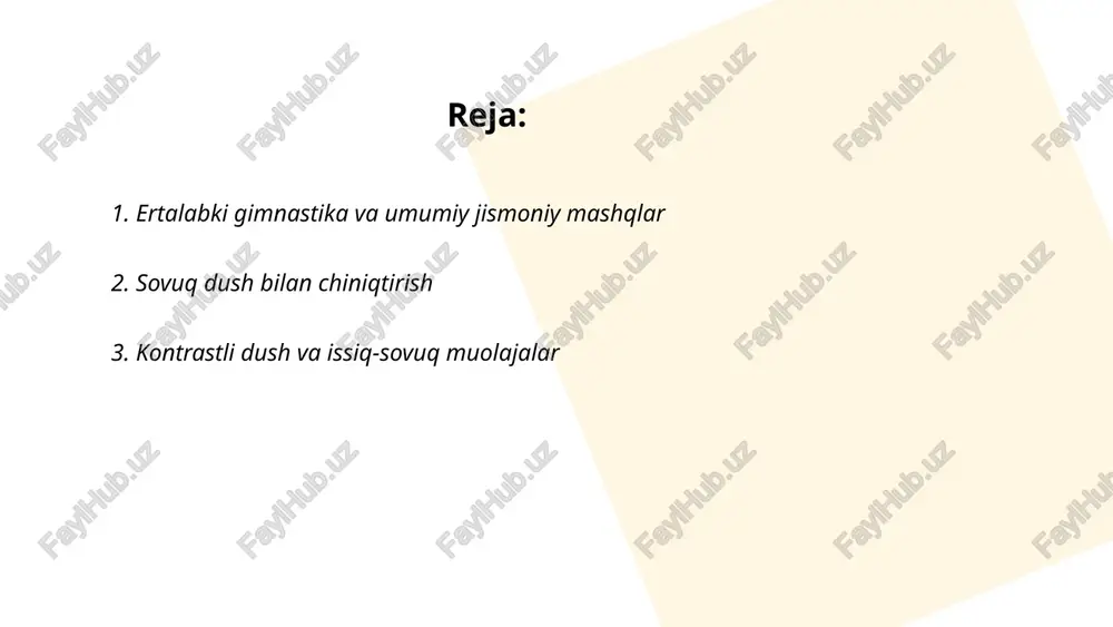 v harorati 20–24°c, asta-sekin pasaytirish tavsiya etiladi. cho‘milish vaqti 5–15 daqiqa, haftada 2–4 marta; ertalab yoki quyosh chiqishi vaqti xavfsiz. suv oqimi va chuqurlikni baholash, ruxsat etilgan joylardan foydalanish, shamollash, yurak-qon tomir kasalliklari va allergiya bo‘lsa oldindan shifokor bilan maslahatlashish kerak. bolalar va qariyalar nazorat ostida bo‘lishi lozim. ... t.me/slaydai_bot sovuq suvda suzish va ochiq suv mashqlari yurak-qon tomir, immun tizimi va stressga chidamlilikni oshiradi. bosqichma-bosqich moslashish: 1-2 hafta ichida har kuni 1-5 daqiqa sovuq dush yoki xona haroratidan past suvga kirish. ochiq suvda boshlashdan oldin isitish, nafas nazorati, neopren kostyum va xilas qurilmalaridan foydalanish tavsiya etiladi. suv harorati 10–18°c bo‘lsa ehtiyotkorlik bilan 10–30 daqiqa mashq qilish, doim sherik bilan yoki nazoratda bo‘lish kerak. ... t.me/slaydai_bot havo vannalari shamolli havoda organizmni chiniqtirishning samarali usuli bo‘lib, nafas olish, qon aylanishi va immunitetni mustahkamlaydi. haftada 3–5 marta, har biri 20–60 daqiqa davomida shamolli joylarda yengil jismoniy mashqlar va sayrlar tavsiya etiladi. bosqichma-bosqich …